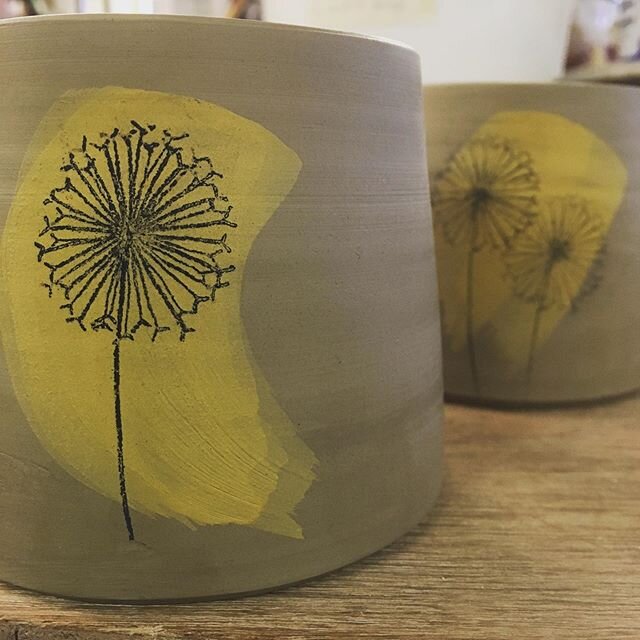 New little cactus planters with a yellow streak and monoprint alliums ☺️ #cactusplanters #botanicalprint #ceramicplanter #bristolpotter #handmadeceramics #alliumprint #instapotterylovers #yellowslip