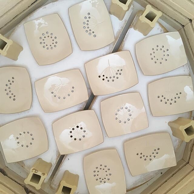 Lots of kiln booty ready this morning, including these handmade soap dishes ☺️ #ceramicsoapdishes #alliumdesign #cowparsleydesign #bristolpotter #handmadeceramics #inciseddecoration #madeinbristol #handmadegifts #supportsmallbusiness #loveclay