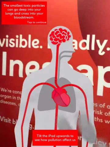 The human body animation demonstrates what affect that pollution can have on the heart and circulation.