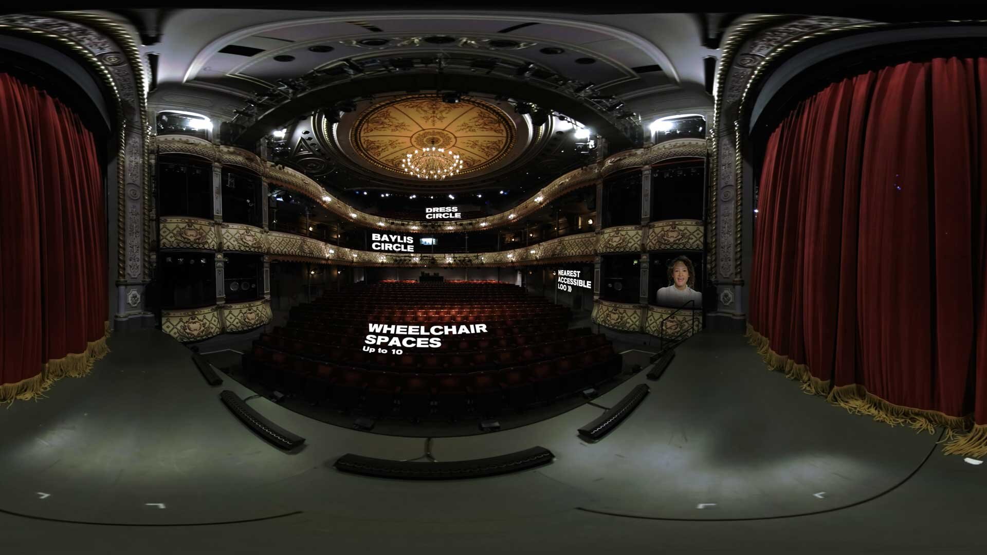 A flat image from the 360° Tour featuring the auditorium, the new wheelchair spaces and contributor Lana Rathbone.