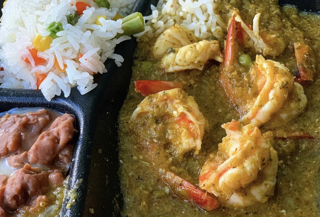 Spicy Camarones a la Diabla (shrimp in the devil’s sauce) with tomatillo
