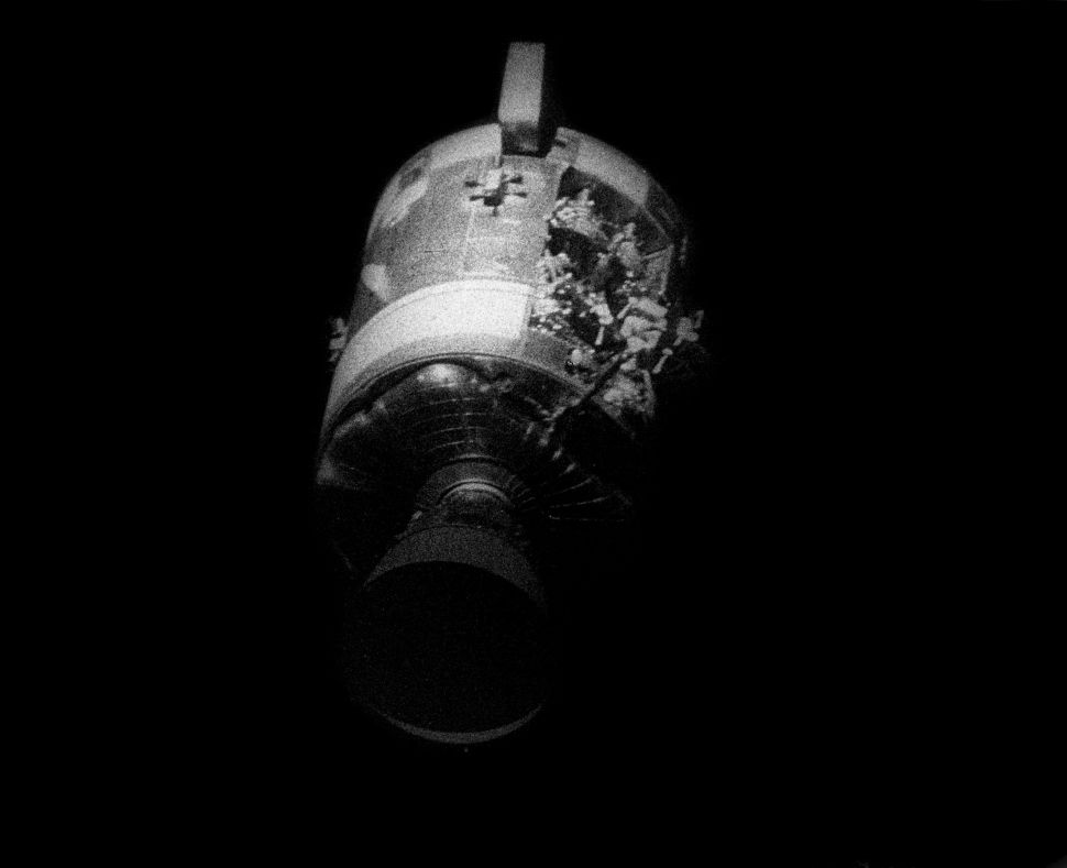 The Apollo 13 damaged Service Module - seen for the first time by the astronauts and ground crew just prior to re-entry. All were shocked by what they saw - Commander Jim Lovell said "There's one whole side of that spacecraft missing"