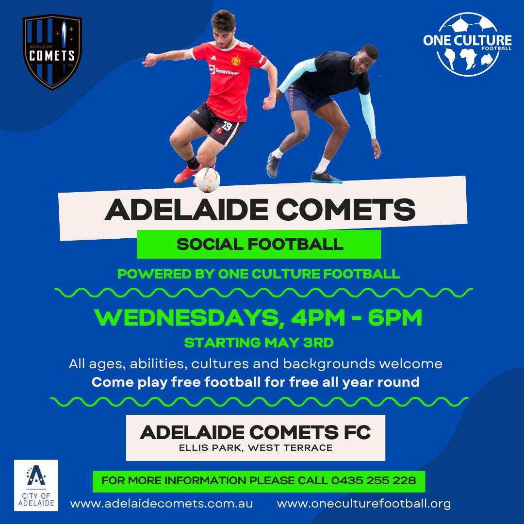 Join us tomorrow, May 10th, at Ellis Park, Adelaide Comets FC ground for our FREE Social Football Program! 🙌🏼 Improve your physical and mental health while making new friends and having fun! 💪🏼⚽️

Our after-school program is for everyone.  Let's 