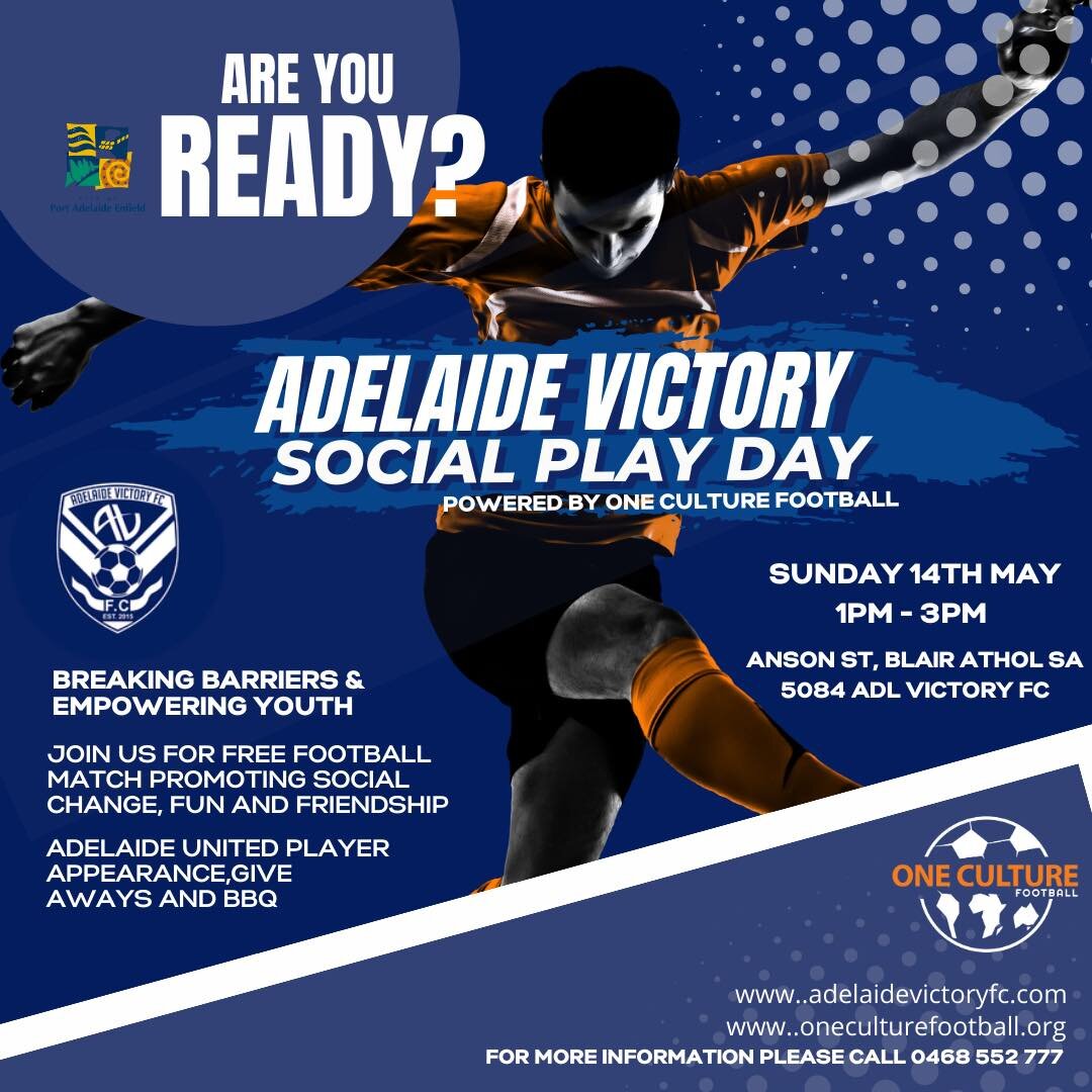 Join us for a free day of Football and positive social change at Adelaide Victory Football Club Social Play Day, powered by One Culture Football. ⚽️ Meet new friends, enjoy giveaways and a BBQ. Plus, Adelaide United player(s) appearance at the event.