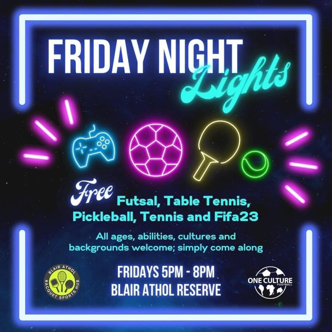 Come and experience an electrifying Friday evening at Futsal Park, Blair Athol and Blair Athol Racquet Sports Hub filled with sports, music, and free food! 🔥

With futsal, table tennis, pickleball, tennis, FIFA23 on PlayStation 4, bus tickets, and p