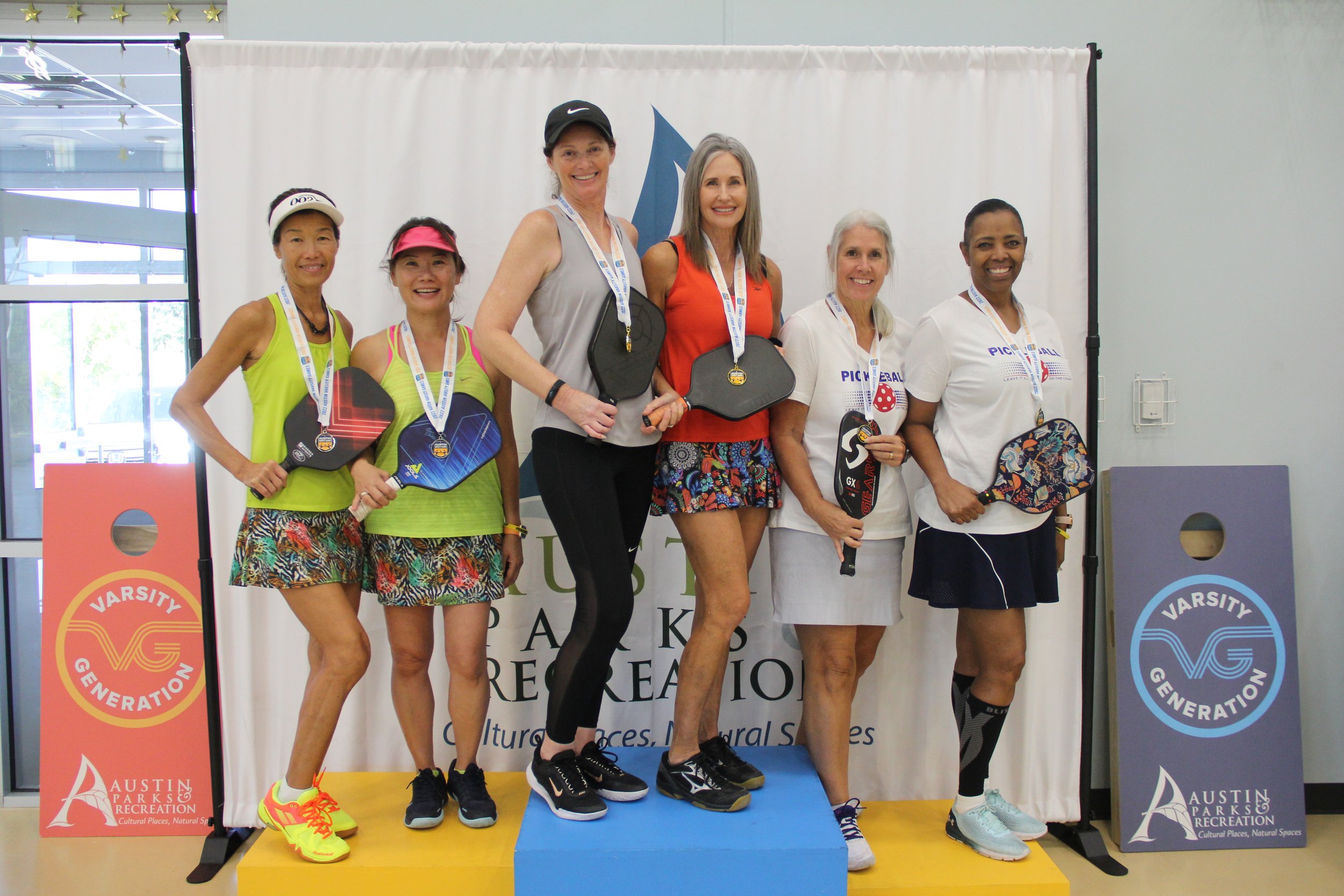 Womens Doubles winners Gold Medal Kathy King and Erin Hernandez Silver place medal Viva Rogers and Doris McCollin Bronze Medal Carolyn Baines and Cheryl Mulloy (1).JPG