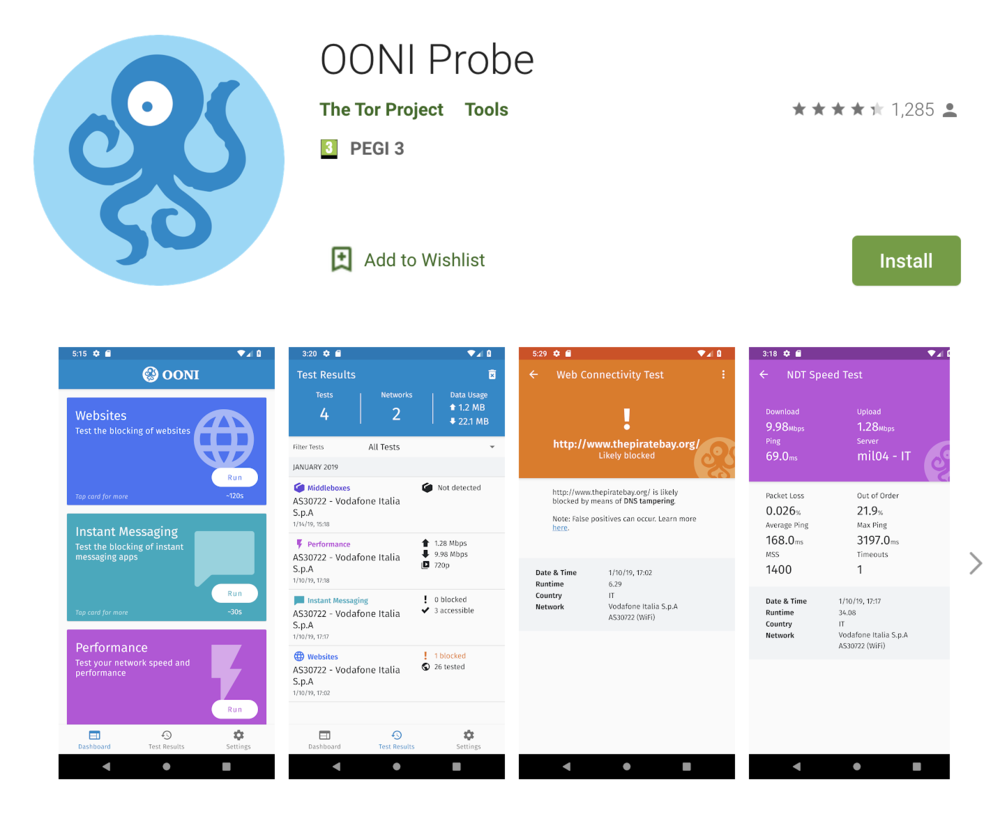 OONI Probe en el Android Play Store