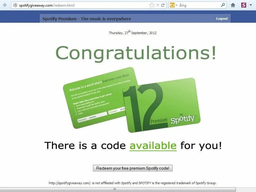 Example of a scam website, offering a Spotify code to get a free premium subscription.