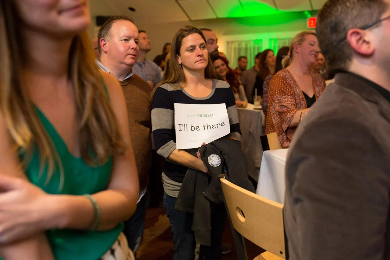 We Are Pentucket supporters from all three community packed Michael’s Harborside to capacity and pledged to vote ‘YES’ to approve funding for a new school building. PHOTO BY REBEKAH DOUGHTY