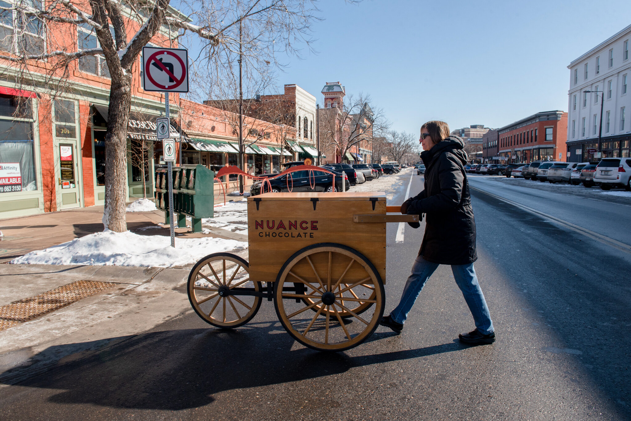  Alix Gadd transports Nuance Chocolate from the small factory to the café in Old Town Fort Collins on Wednesday, February 5, 2020. (Valerie Mosley/Special to the Colorado Sun) 
