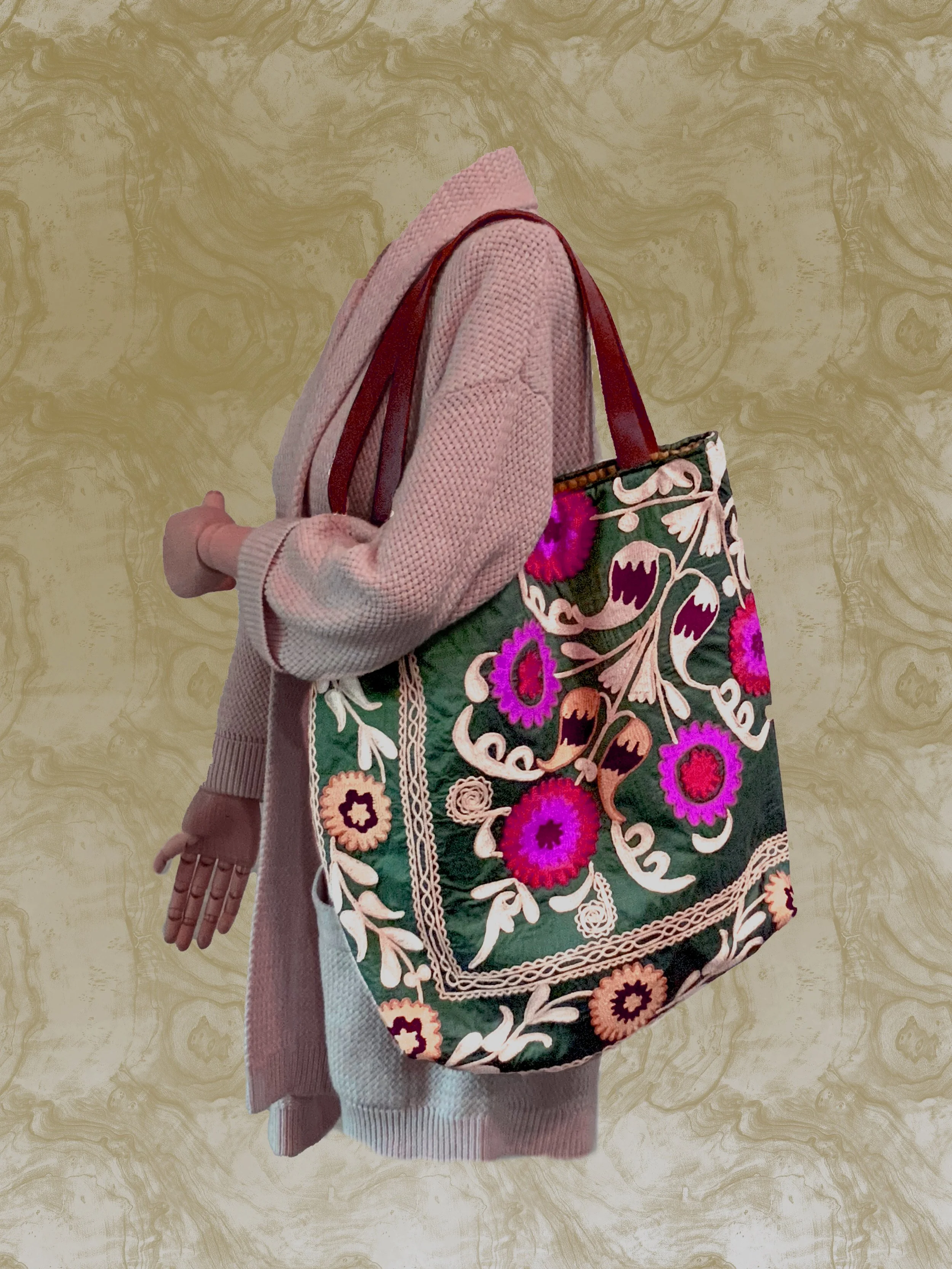 Iridescent Green Silk Suzani Tote