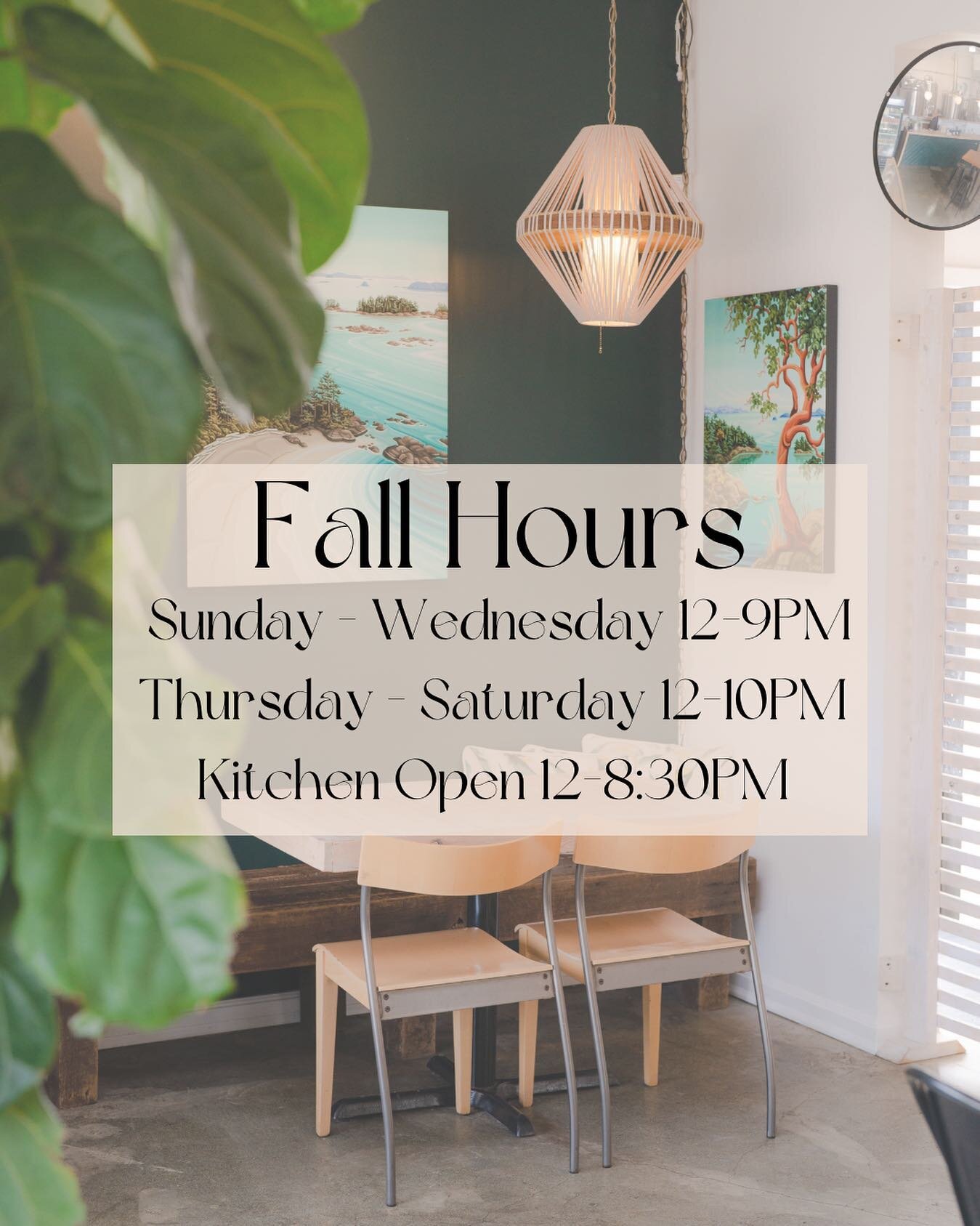 Today marks the start of our fall operating hours! Open 7 days a week - Sunday - Wednesday 12-9pm &amp; Thursday - Saturday 12-10pm. Our kitchen is open everyday from 12-8:30pm. 

We look forward to seeing you soon! 🍻