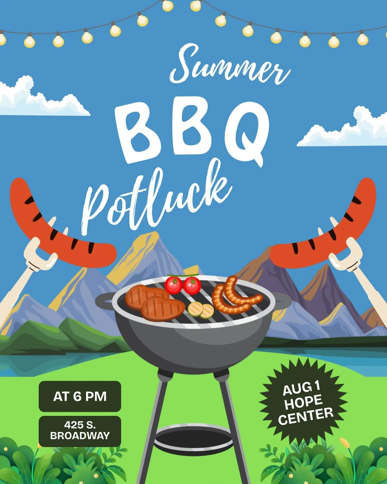 Backyard BBQ Potluck at Hope Center! 
This Friday, August 1st at 6pm🌭 We will be hanging out behind the church! 
Bring a friend &amp; a dish and we will see you there! 🍔