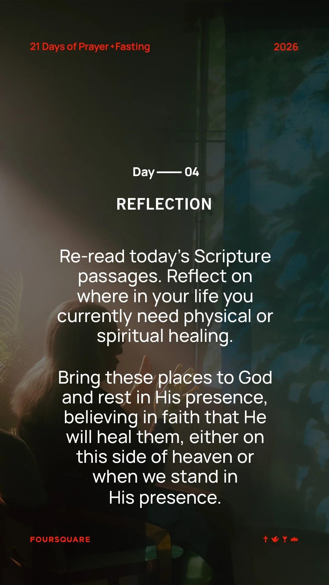 Day 04: Healing begins in God&rsquo;s presence. Today we reflect, pray, and trust Him with every broken place&mdash;ours and theirs. 🙏

💬 Comment &ldquo;Amen&rdquo; or drop 🙌 if you&rsquo;re joining us in prayer, believing God heals.

 #PrayerAndF