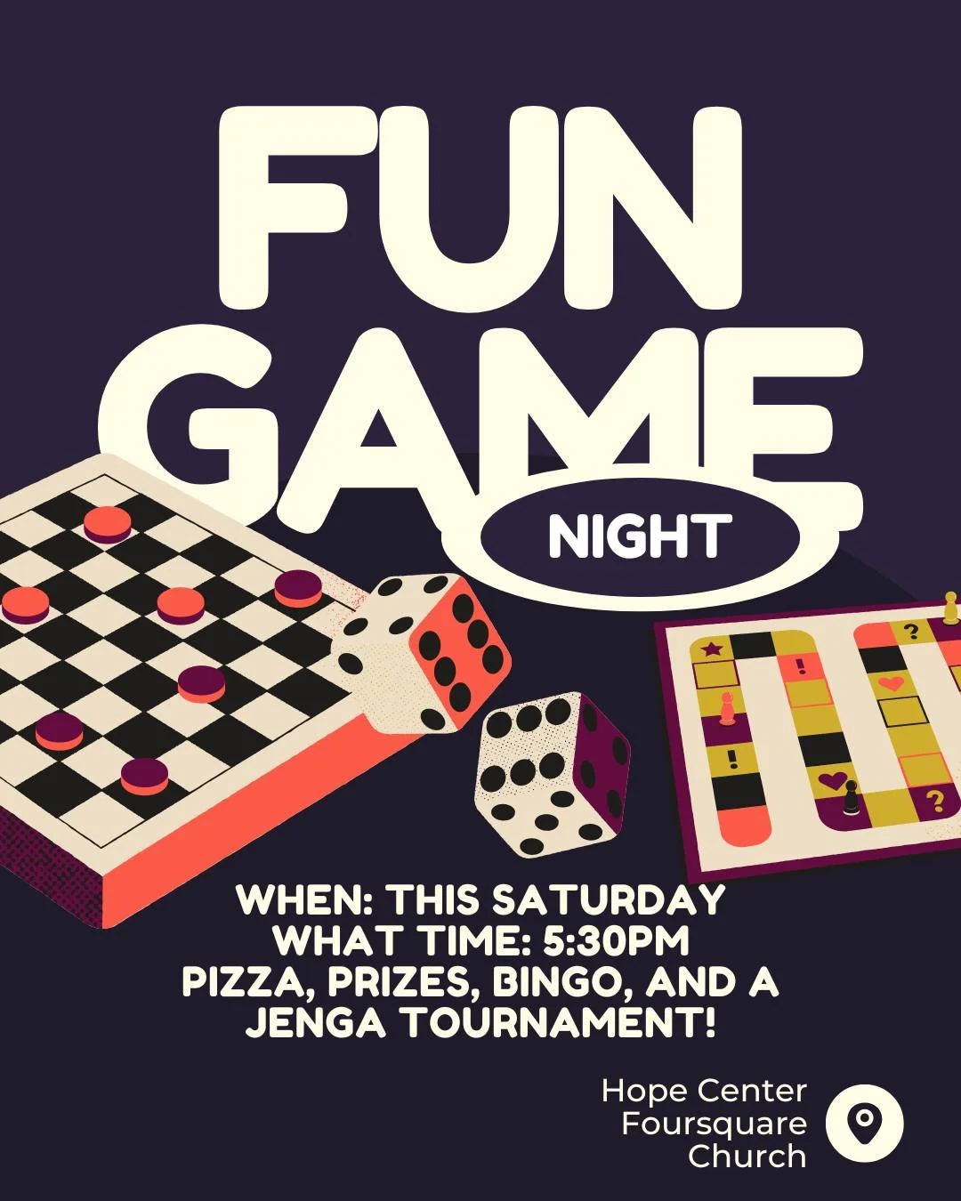 A reminder!

Saturday night plans = SORTED! 🎲🍕 Get ready to bring your A-game because it's time for a massive Fun Game Night!

Whether you're looking to completely dominate the Jenga tournament, test your luck at Bingo, or just hang out and eat som