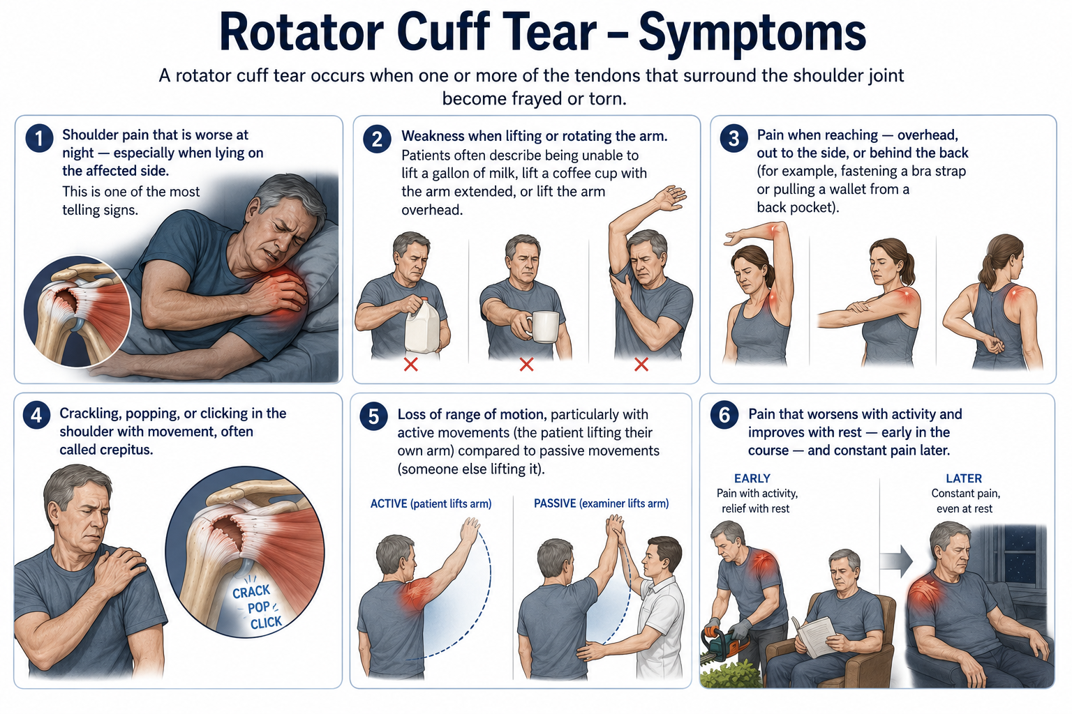 What are the the symptoms of a rotator cuff tear?