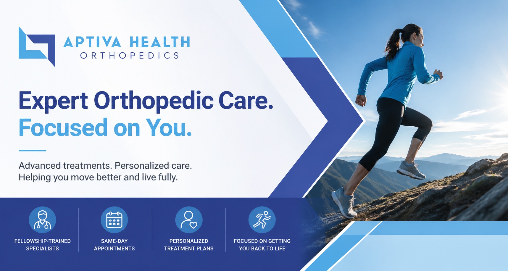 Aptiva Health Orthopedics banner showing runner outdoors with messaging about expert orthopedic care and personalized treatment.