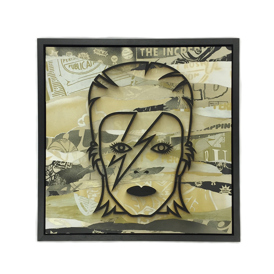  portrait of David Bowie from screenprints gold posters poster art collage art street art group exhibition gallery show 