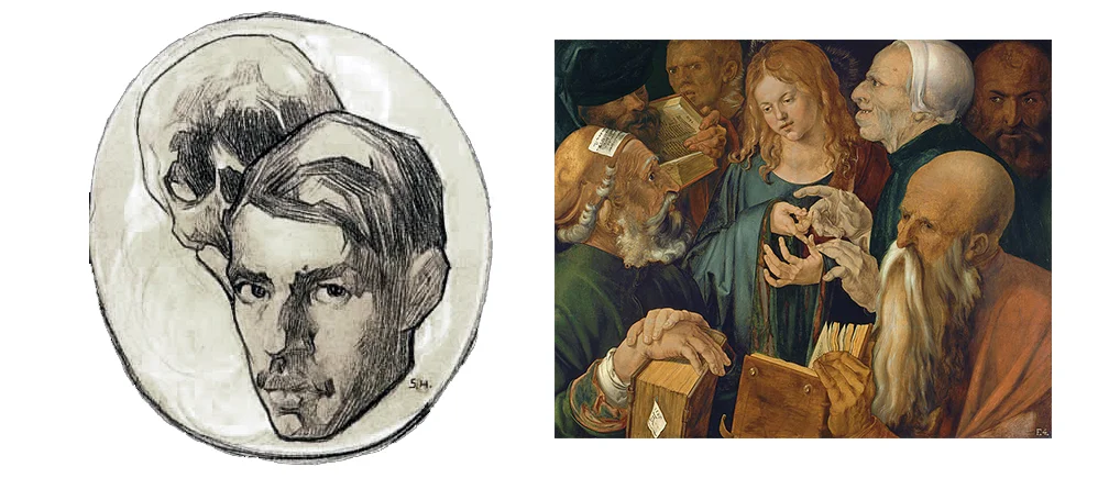 Saturnino Herrán , Self portrait , 1918 | Albrecht Dürer, Christ Among the Doctors , 1506