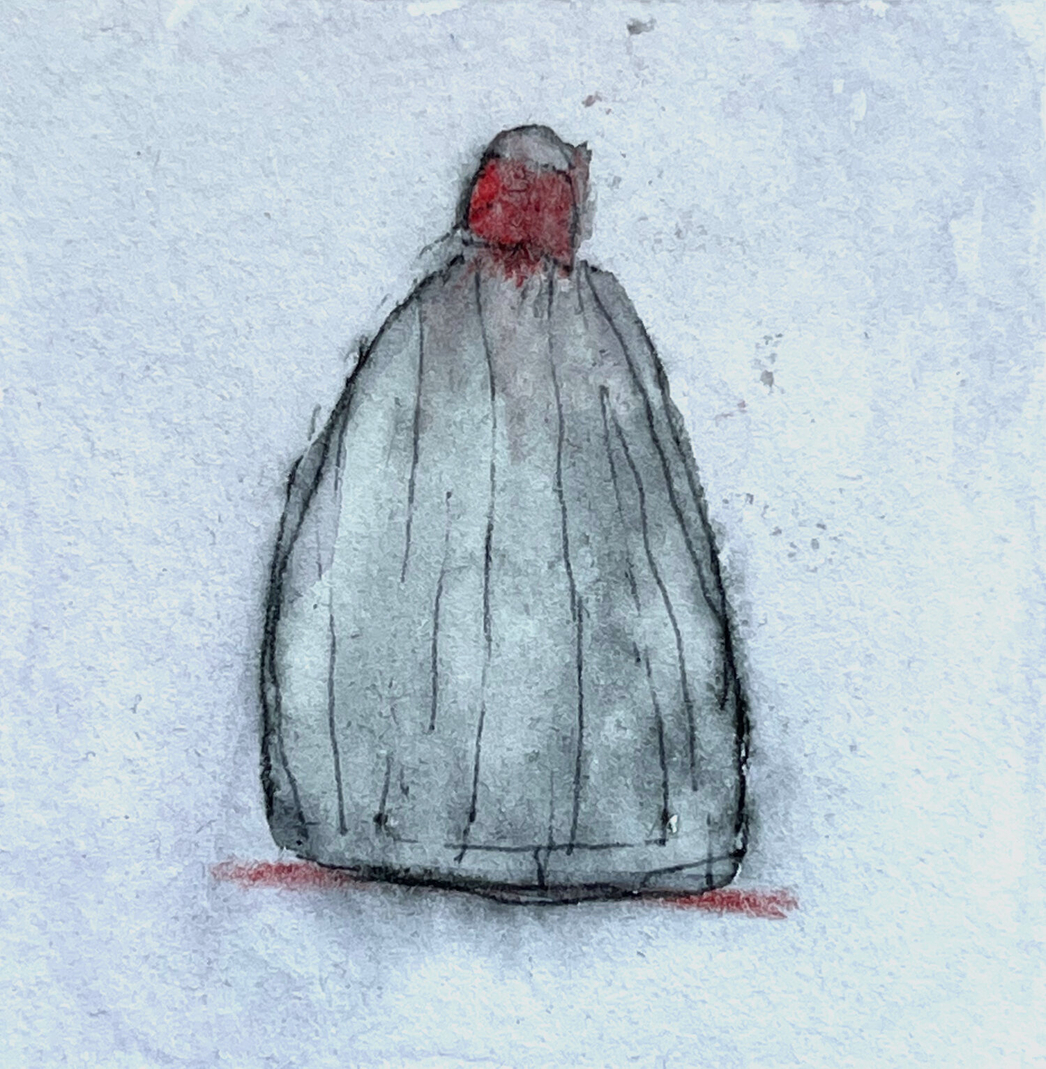 Lynn Beldner, Lost My Red Hat, 2021, Watercolor and ink, 2 x 2"