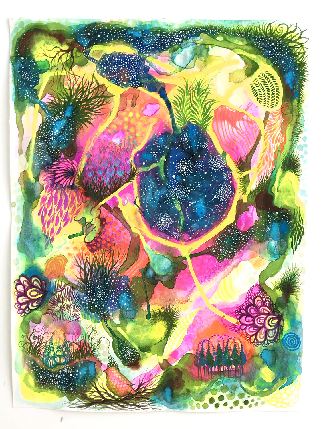 Carrie Lederer, Abstract Garden and the United Universe, 2021, Acryla gouache on paper, 12 x 10"