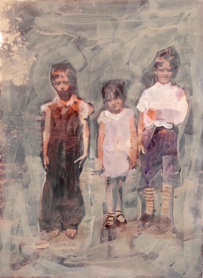 Monica Bryant, Fred, Patty and Bob, 2021, Overpainted family photograph, 10.75 x 8"