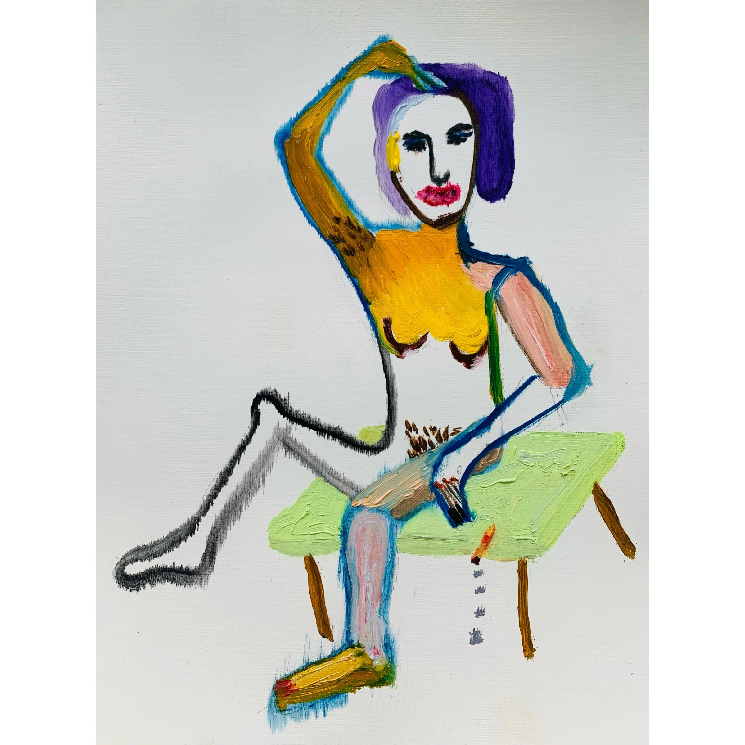  Autenticidad Desinhibida: Homenaje a Alice Neel, oil on paper, 9x12 in  "Autenticidad Desinhibida: Homenaje a Alice Neel" es un autorretrato audaz de la serie "Joie de Vivre" que rinde tributo a la obra de Alice Neel, reflejando su influencia en el 