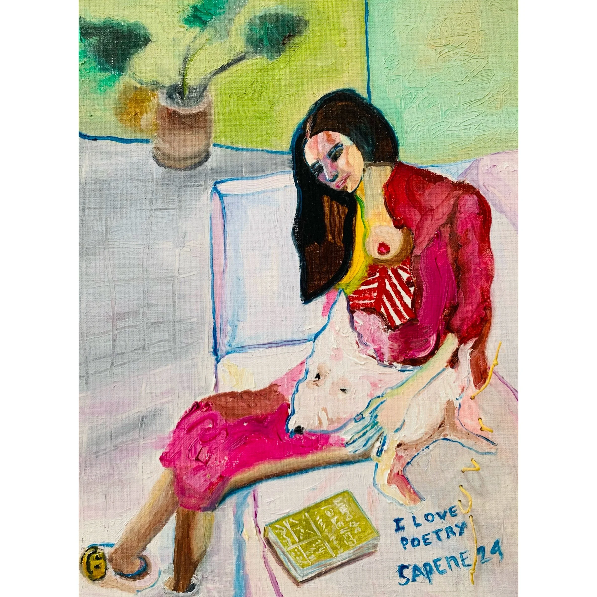  "Journey: Refugio Personal", Oil paint embroidery thread on paper, 9x12 in  "Journey: Refugio Personal" retrata a una amiga en la intimidad de su hogar, compartiendo un momento sereno con su mascota. El cuadro integra elementos personales, como un l