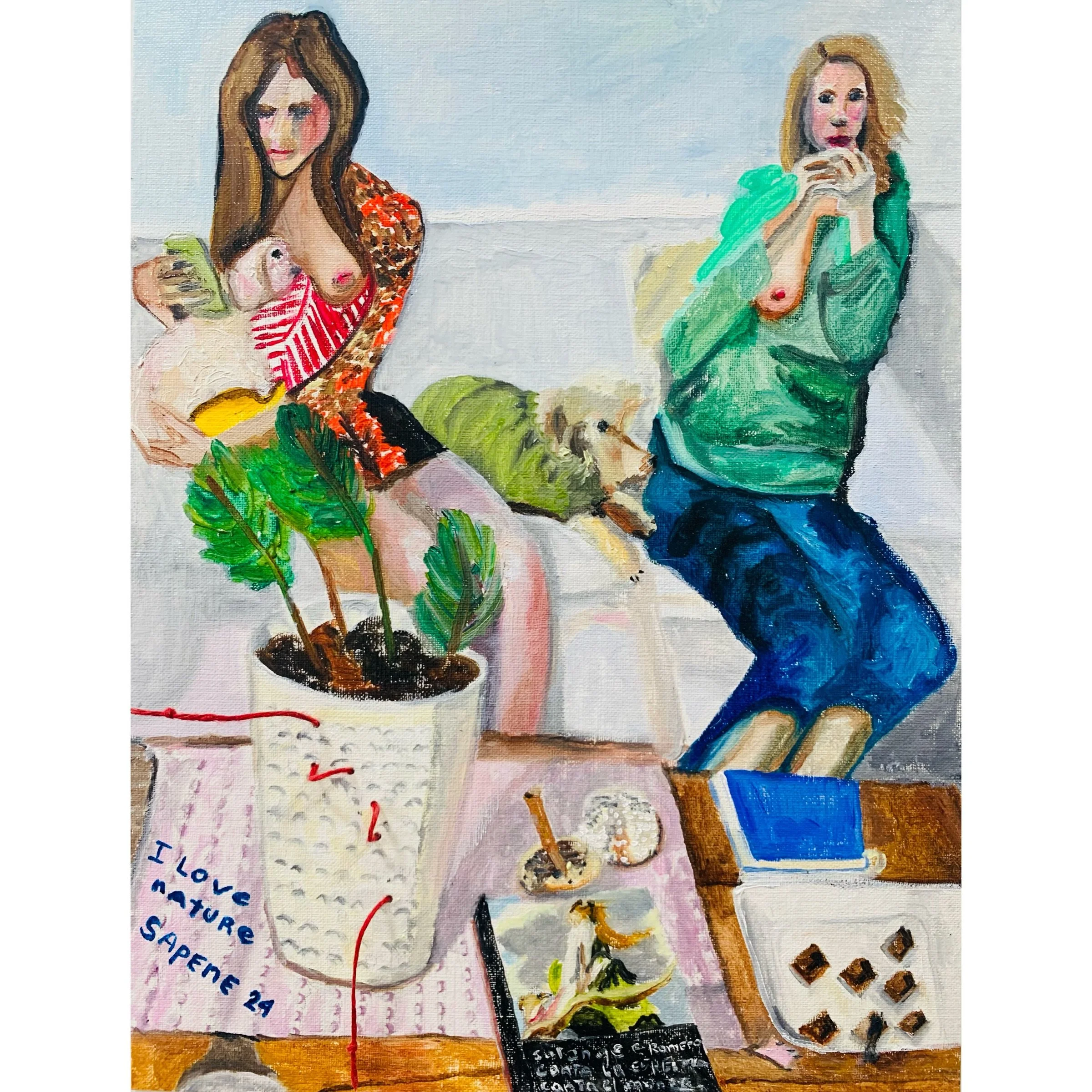  "Journey: Vínculos Intactos", Oil paint embroidery thread on paper, 9x12 in  "Journey: Vínculos Intactos" destaca la conexión íntima entre dos mujeres, una hermana y una amiga, evidenciando cómo los lazos afectivos se fortalecen ante los retos de la