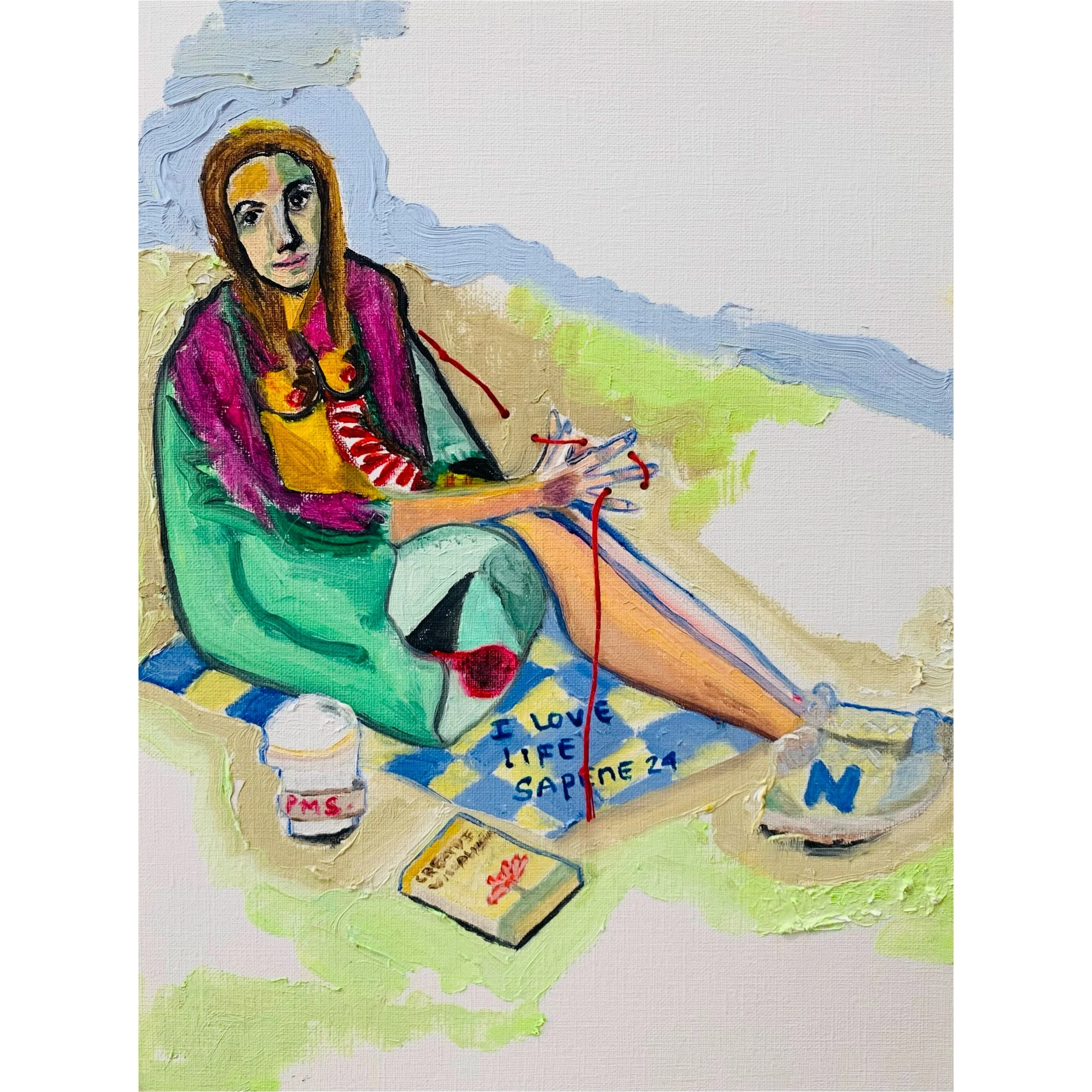   Journey :  Hilo de Vida , Oil paint embroidery thread on paper, 9x12 in   Hilo de Vida  captura un momento íntimo y reflexivo dentro de la serie  Journey , donde la artista utiliza el acto de tejer como una metáfora del viaje personal y la construc