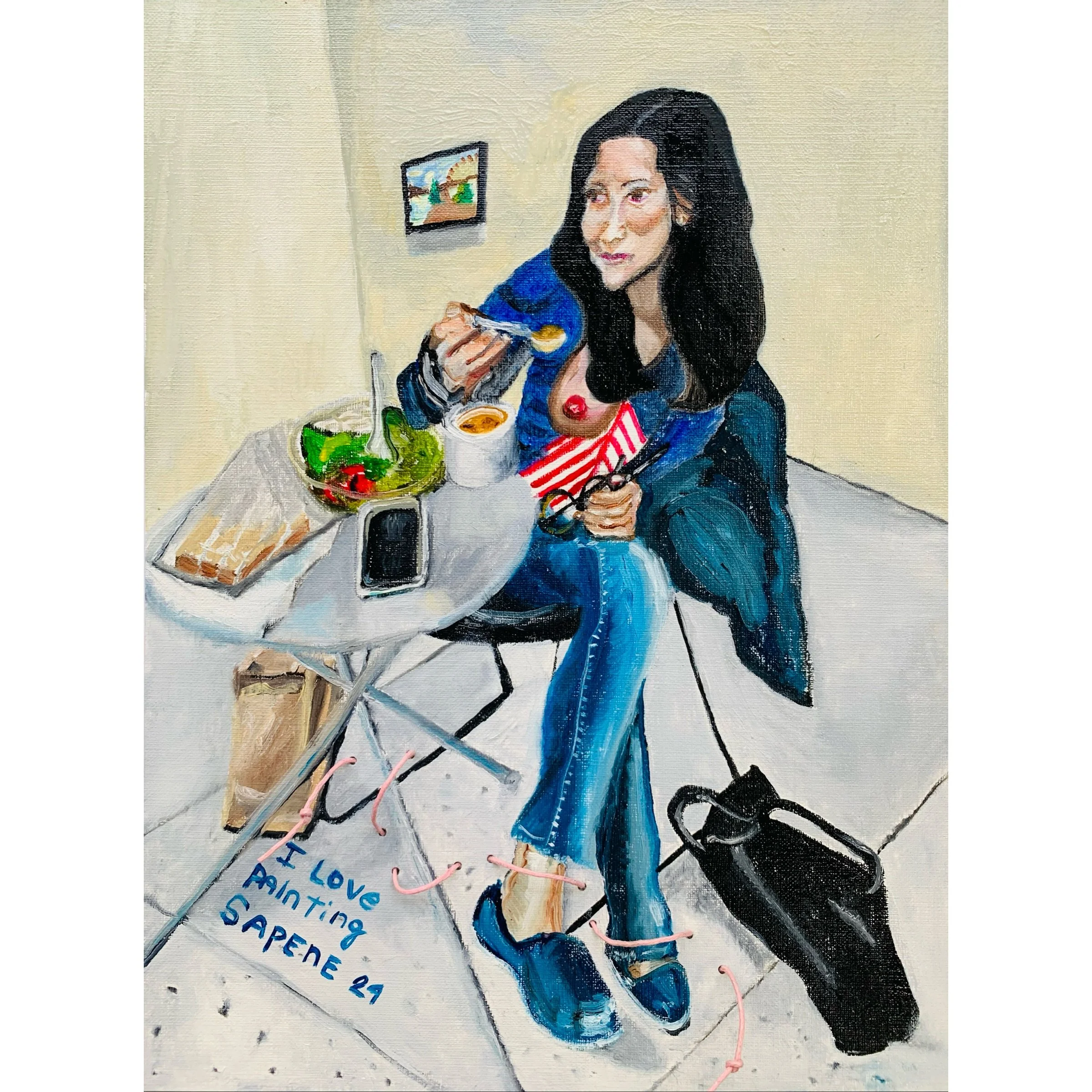  Journey:  Confort en el Camino , Oil paint embroidery thread on paper, 9x12 in   Confort en el Camino  captura un momento de pausa dentro del ajetreo de la vida diaria. La figura central, disfrutando de una comida sencilla, refleja una sensación de 