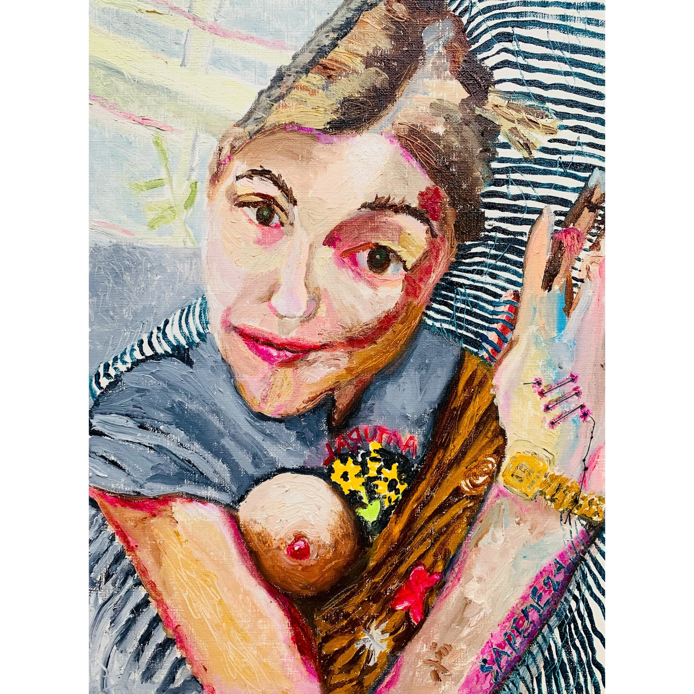   Journey :  Courageous Cuerpo , oil paint embroidery thread on paper, 9x12 in   Courageous Cuerpo  explora la valentía de la autoaceptación y la exposición sin reservas. En esta obra, la figura central, con su mirada directa y vulnerable, invita al 