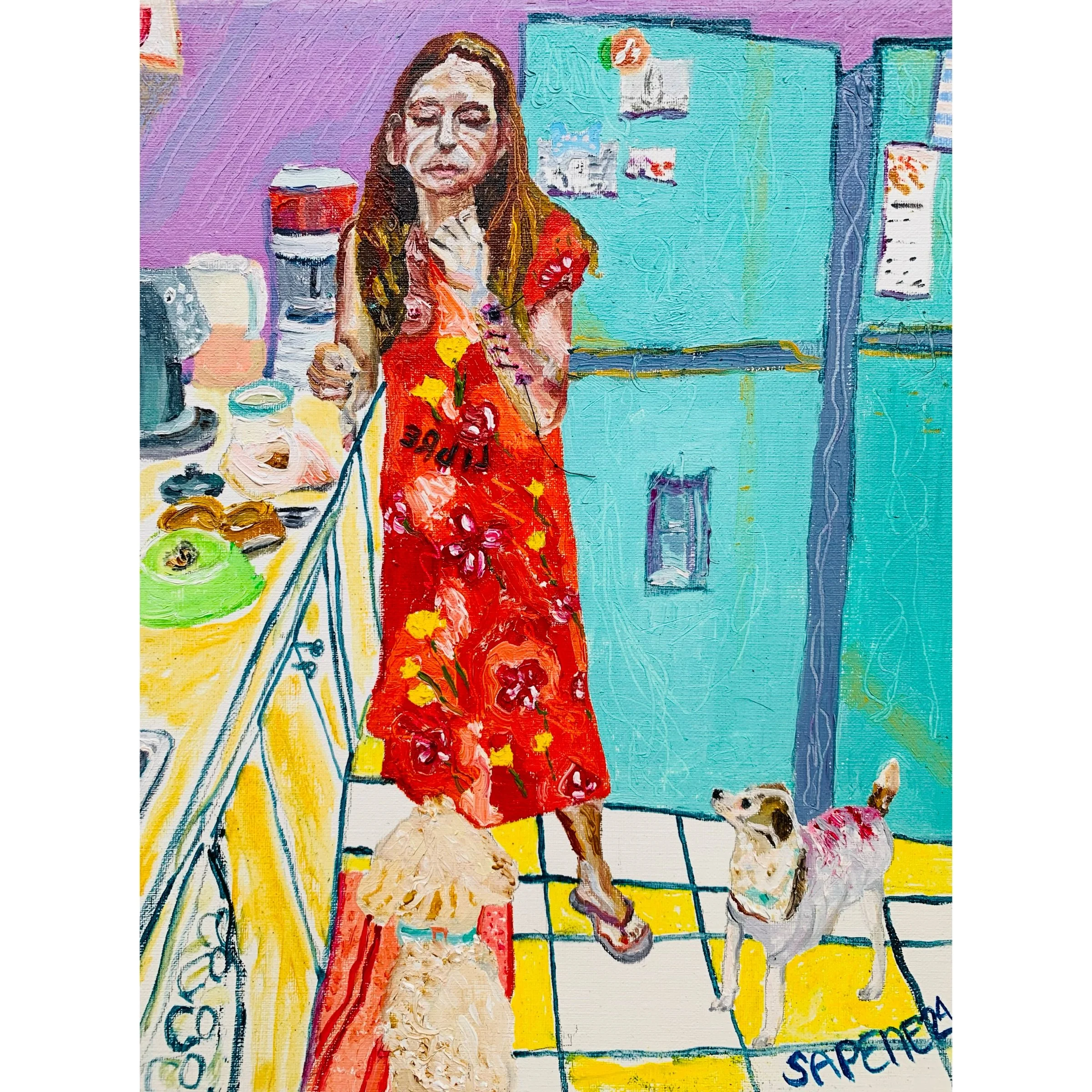  Journey:  Acompañada , Oil paint embroidery thread on paper, 9x12 in   Acompañada  es una representación íntima de la vida cotidiana, donde los pequeños detalles y las interacciones sencillas se convierten en el centro del viaje personal. La escena 