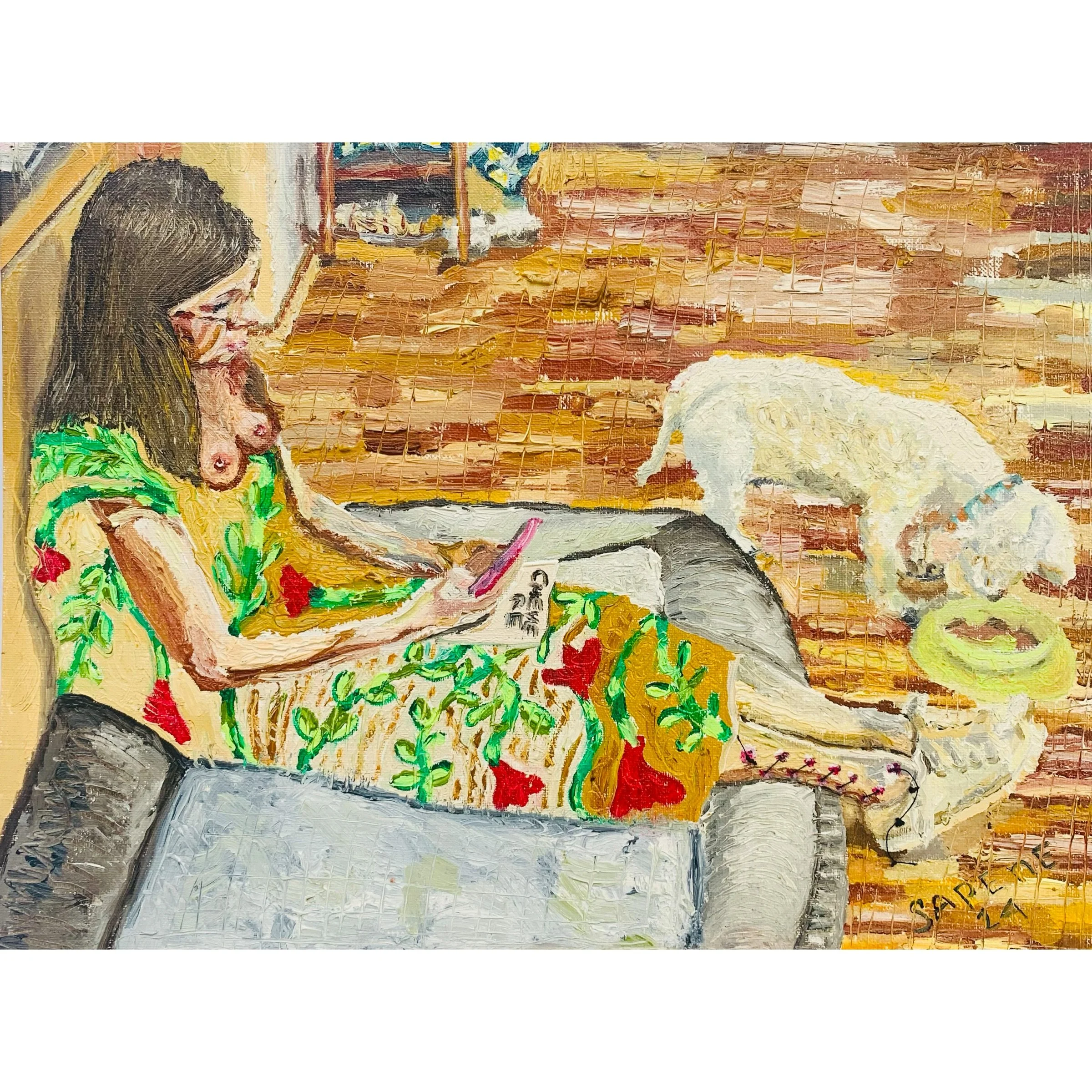  "Journey: Cotidianidad Anclada", Oil paint embroidery thread on paper, 9x12 in  "Journey: Cotidianidad Anclada" muestra un momento diario transformado en un acto de conexión íntima y afirmación personal. En la pintura, la hermana observa a su perra 