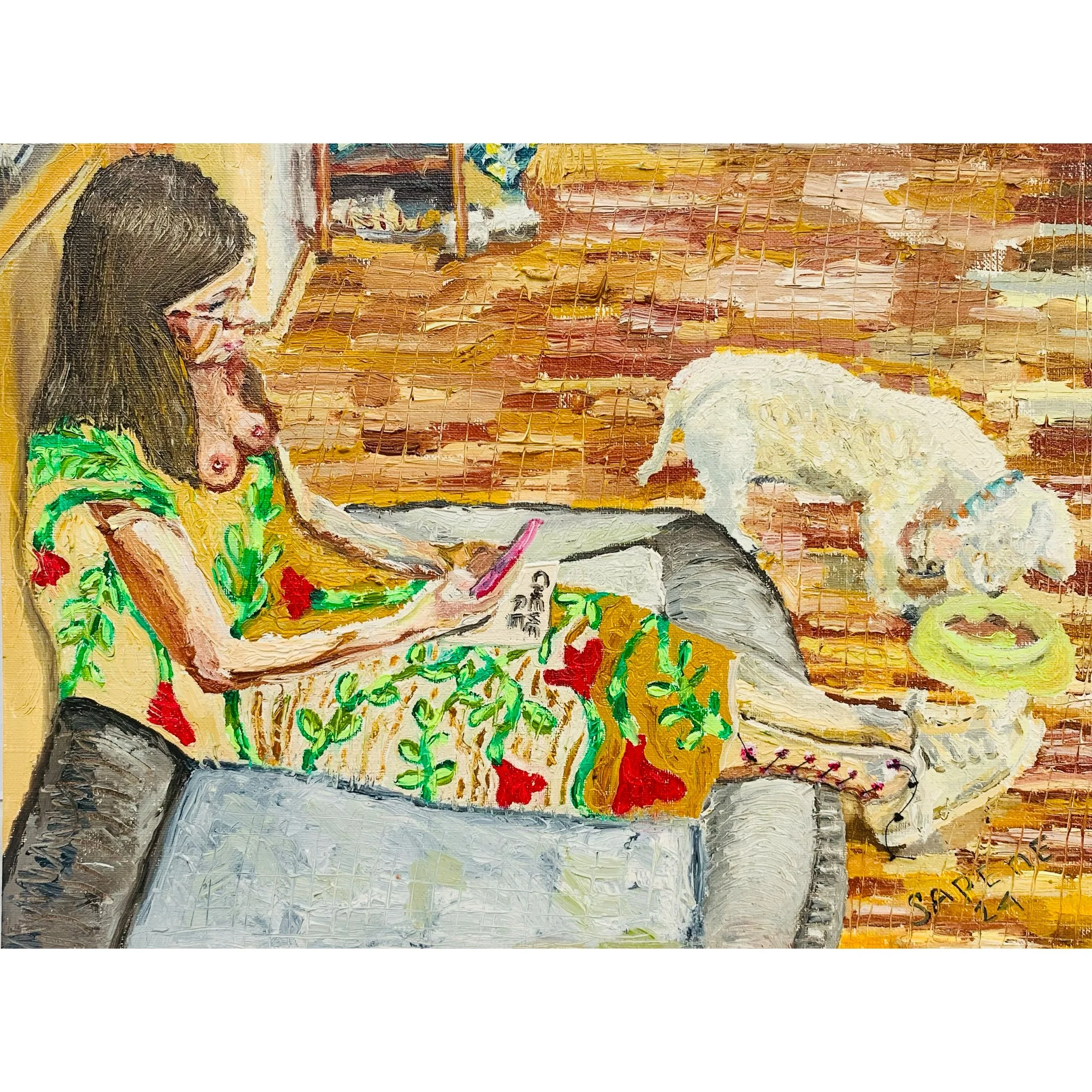  “Journey” Virginia Chevere, Oil paint embroidery thread on paper, 9x12 in 