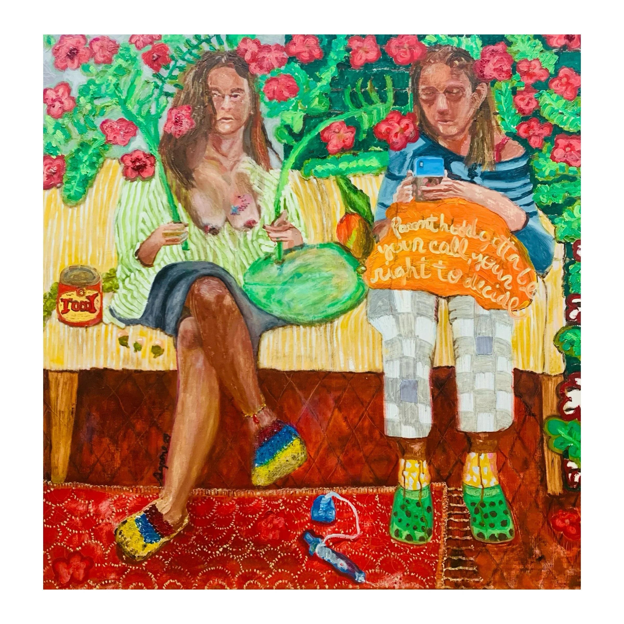  Mango, lechosa, mamón, Toddy. 2024. 92x93 cm Oil paint, embroidery threat on canvas.  “Mango, Lechosa, Mamón, Toddy” es una obra vibrante de la serie ‘Where is Home’, que captura un momento íntimo entre dos hermanas inmersas en sus mundos en un ento