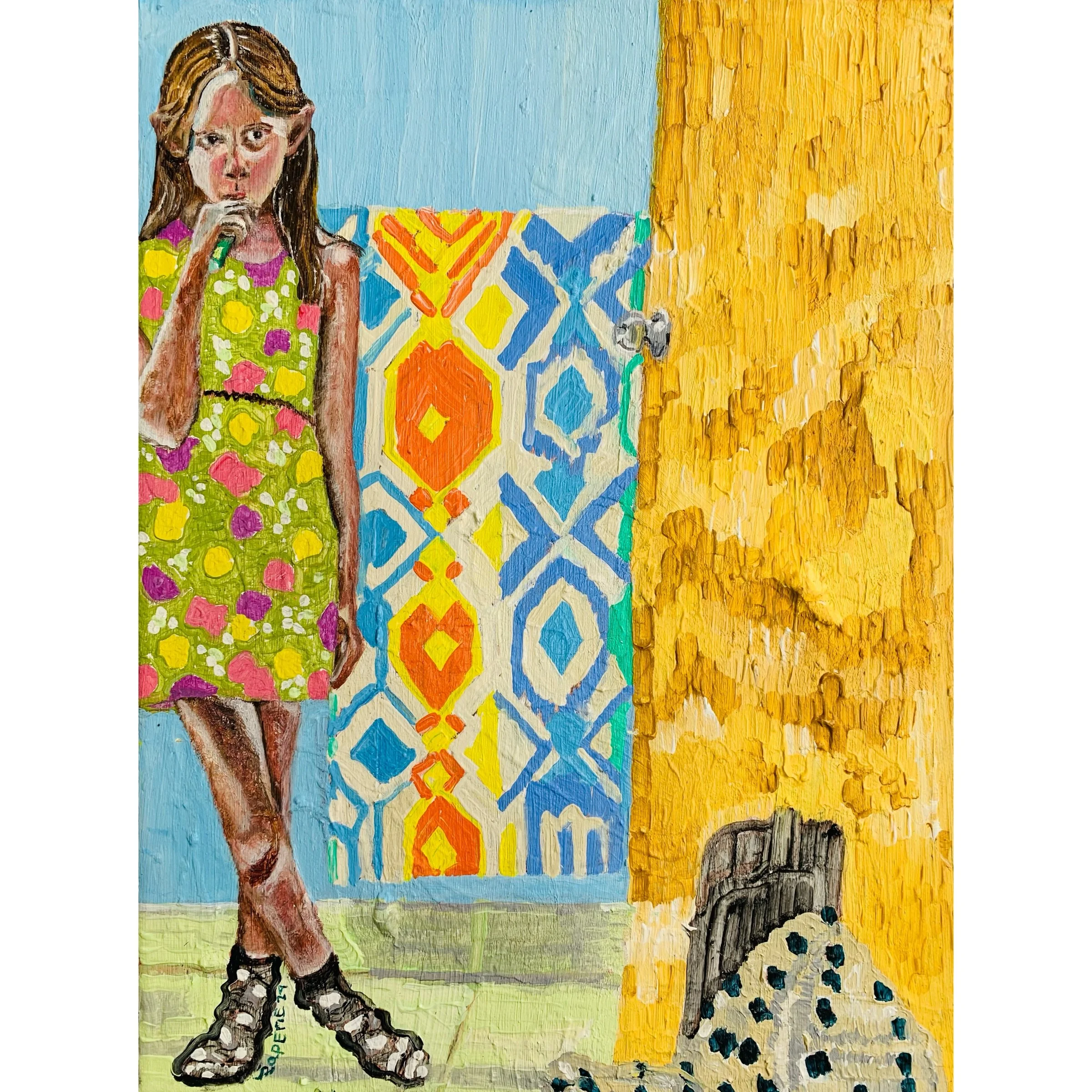  Journey:  Inocencia en Contraste , Oil paint embroidery thread on canvas, 16x12 in   Inocencia en Contraste  captura un momento de quietud infantil en un entorno vibrante y cargado de texturas. La figura de la niña, con su vestido de flores y su pos