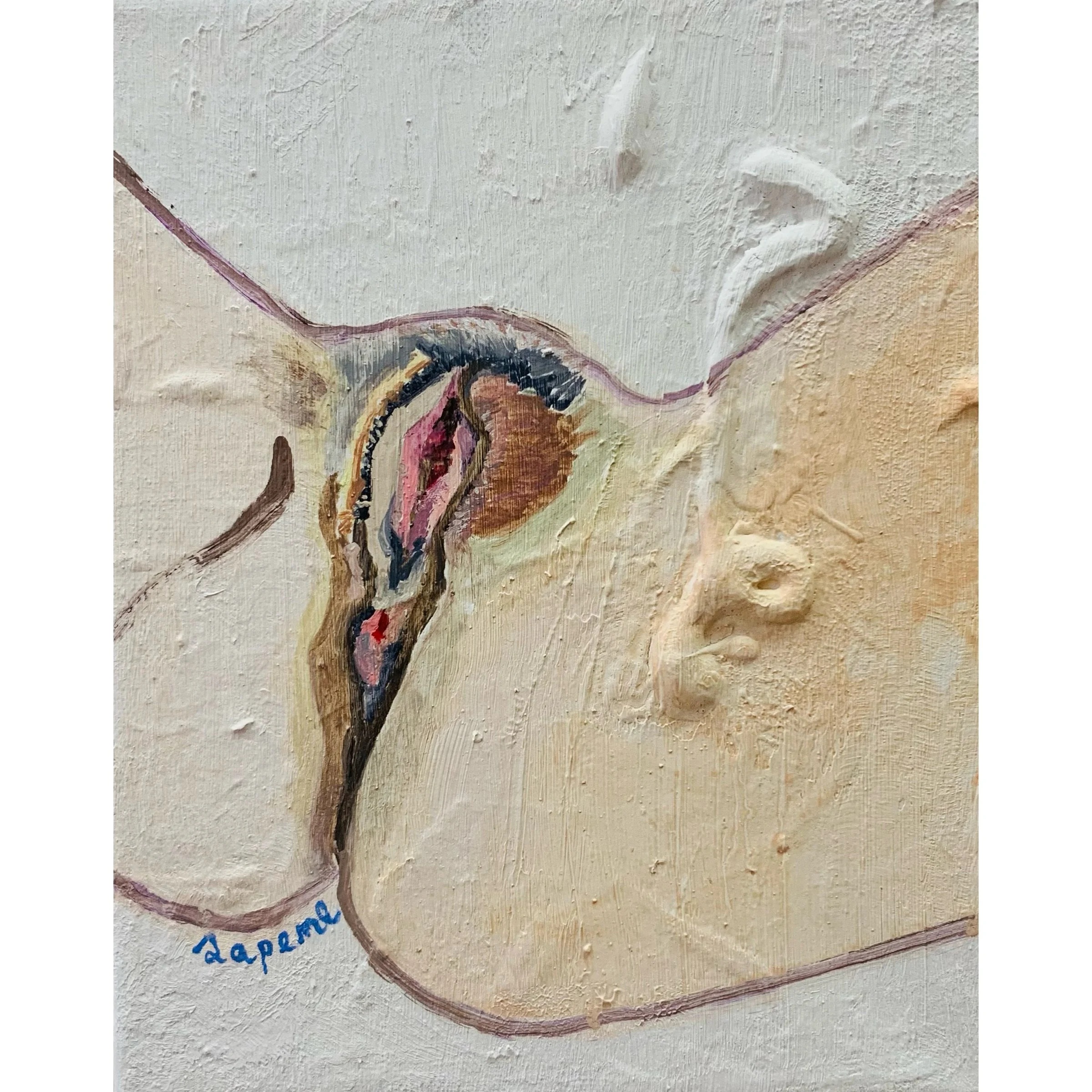    it's ok: Vulvalución. oil on canvas. 20x25.5 cm 8x10 in  It’s OK: Vulvalución es una celebración de la transformación y el poder inherente en la feminidad. A través de trazos fluidos y texturas vibrantes, esta pieza captura la evolución de la vul