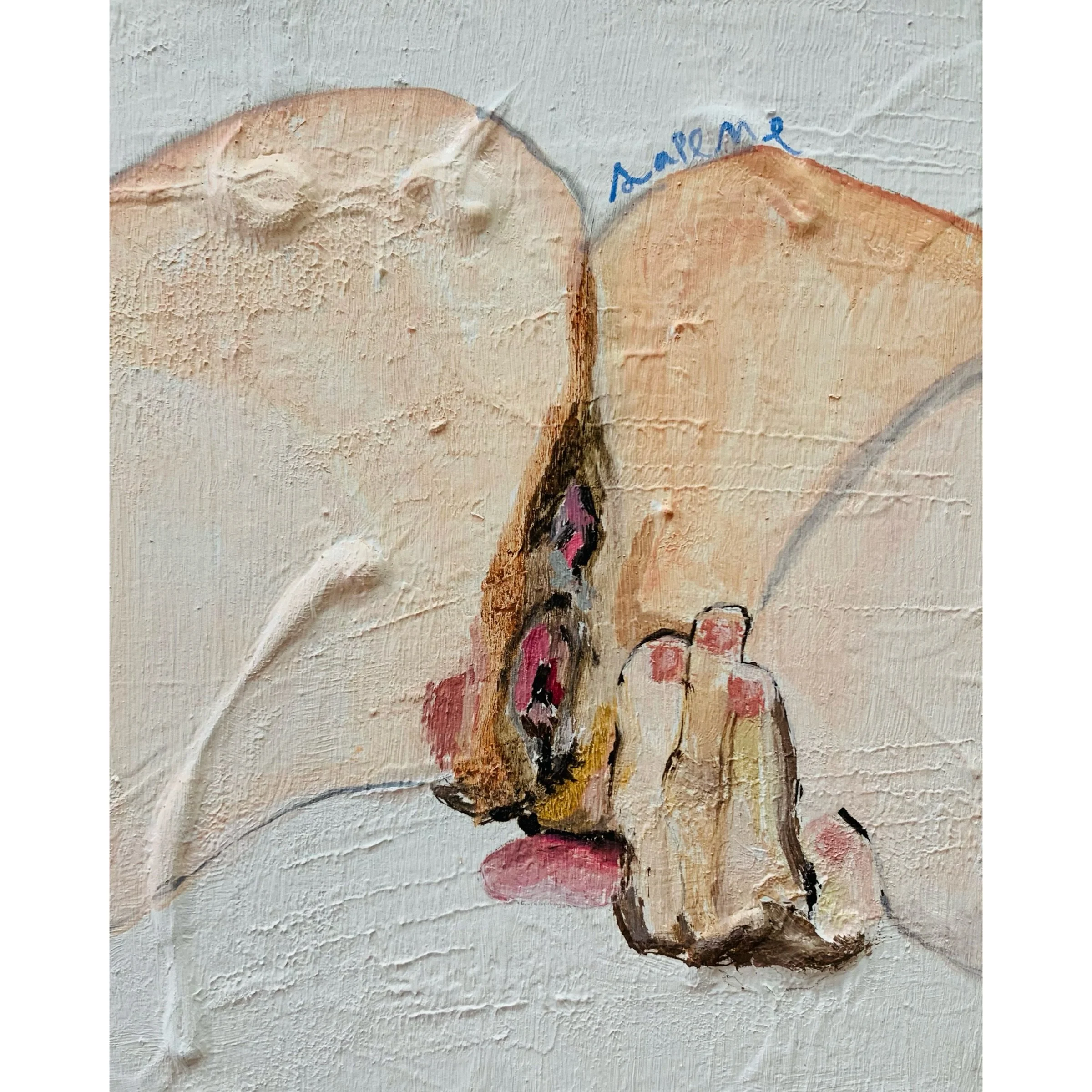  it's ok: Entrepiernas. oil on canvas. 20x25.5 cm 8x10 in  Para la obra Entrepiernas, parte de la serie It’s OK, decidí explorar el espacio íntimo del cuerpo desde una perspectiva lúdica y liberadora. En este cuadro, utilizo la figura femenina como u