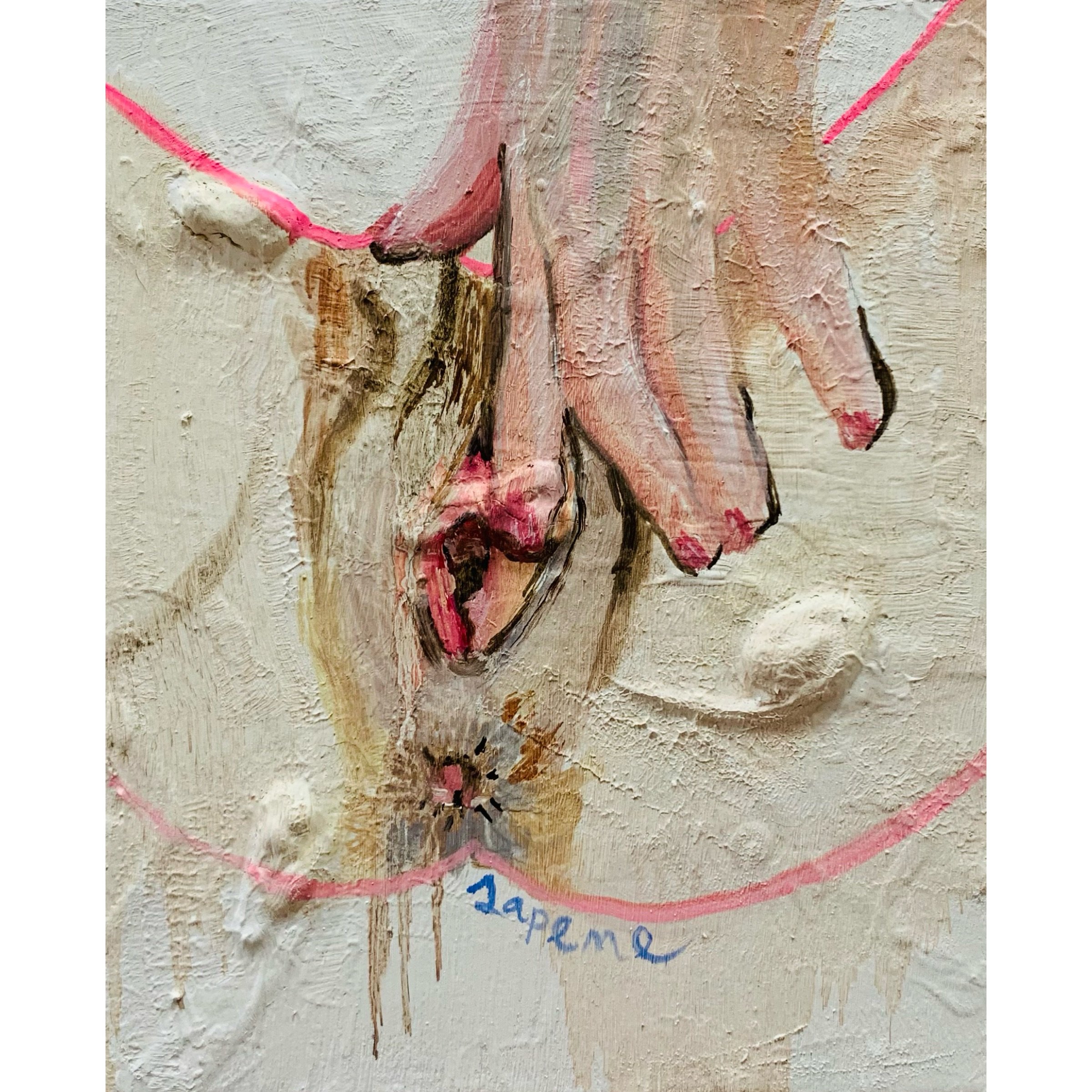  it's ok: A flor de piel. oil on canvas. 20x25.5 cm 8x10 in  “It’s OK: A flor de piel” es una obra audaz de la serie ‘It’s OK’ que invita a una reflexión sobre la belleza intrínseca y la aceptación del cuerpo humano en su estado más natural. Esta pie