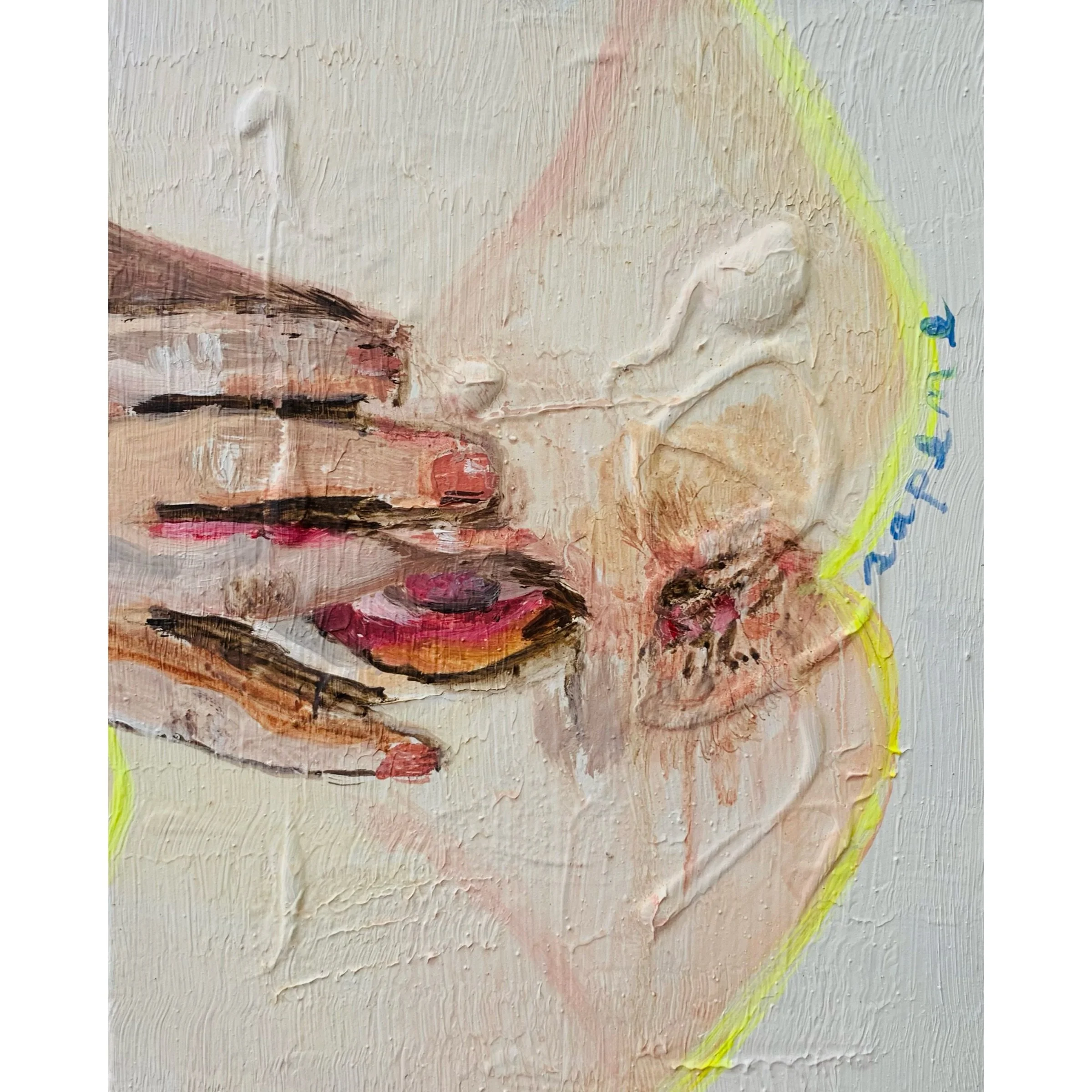  it's ok: Revela-T. oil on canvas. 20x25.5 cm 8x10 in  “It’s OK: Revela-T” es una obra de la serie ‘It’s OK’ que añade humor a la conversación sobre temas tabú. Con colores vibrantes y un estilo expresivo, invita a los espectadores a romper las restr