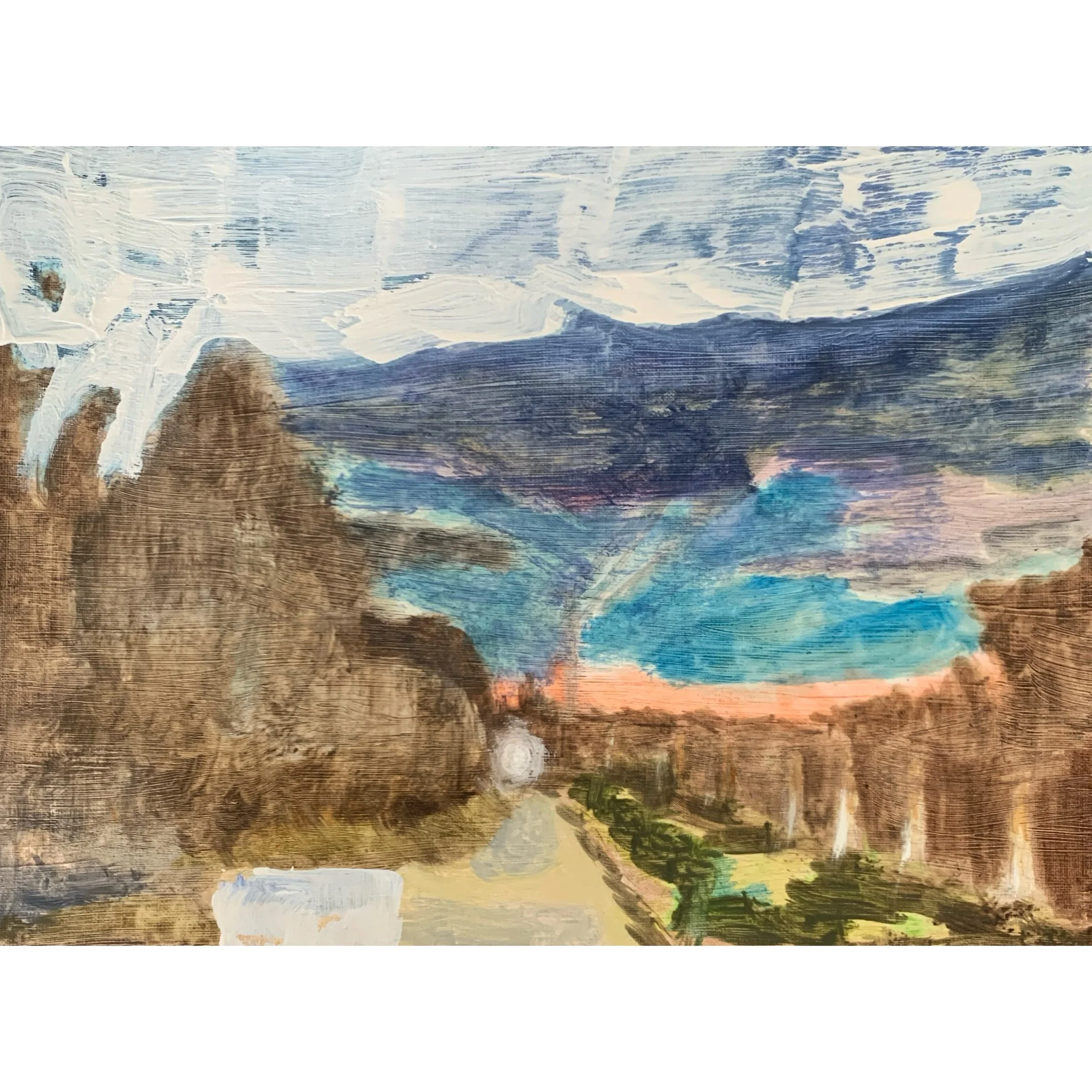  Paisaje Interior: Sendero al Atardecer  Explorar paisajes no es solo mirar hacia afuera, sino también adentrarse en el alma. Este cuadro, “Sendero al Atardecer,” es parte de mi nueva serie Paisaje Interior, donde trabajo con manchas y texturas para 