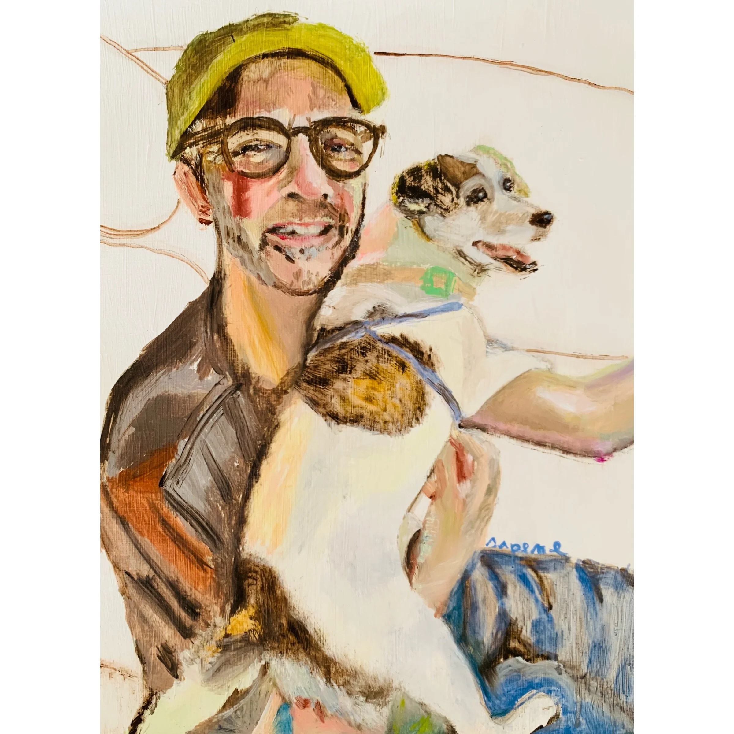  En esta pintura quise capturar un momento simple de felicidad. Cristóbal y nuestro perro, Charli, están juntos. Se ven tan felices. Esta obra sigue la vibra de mi serie Journey y muestra cómo esos pequeños momentos son los que realmente le ponen col