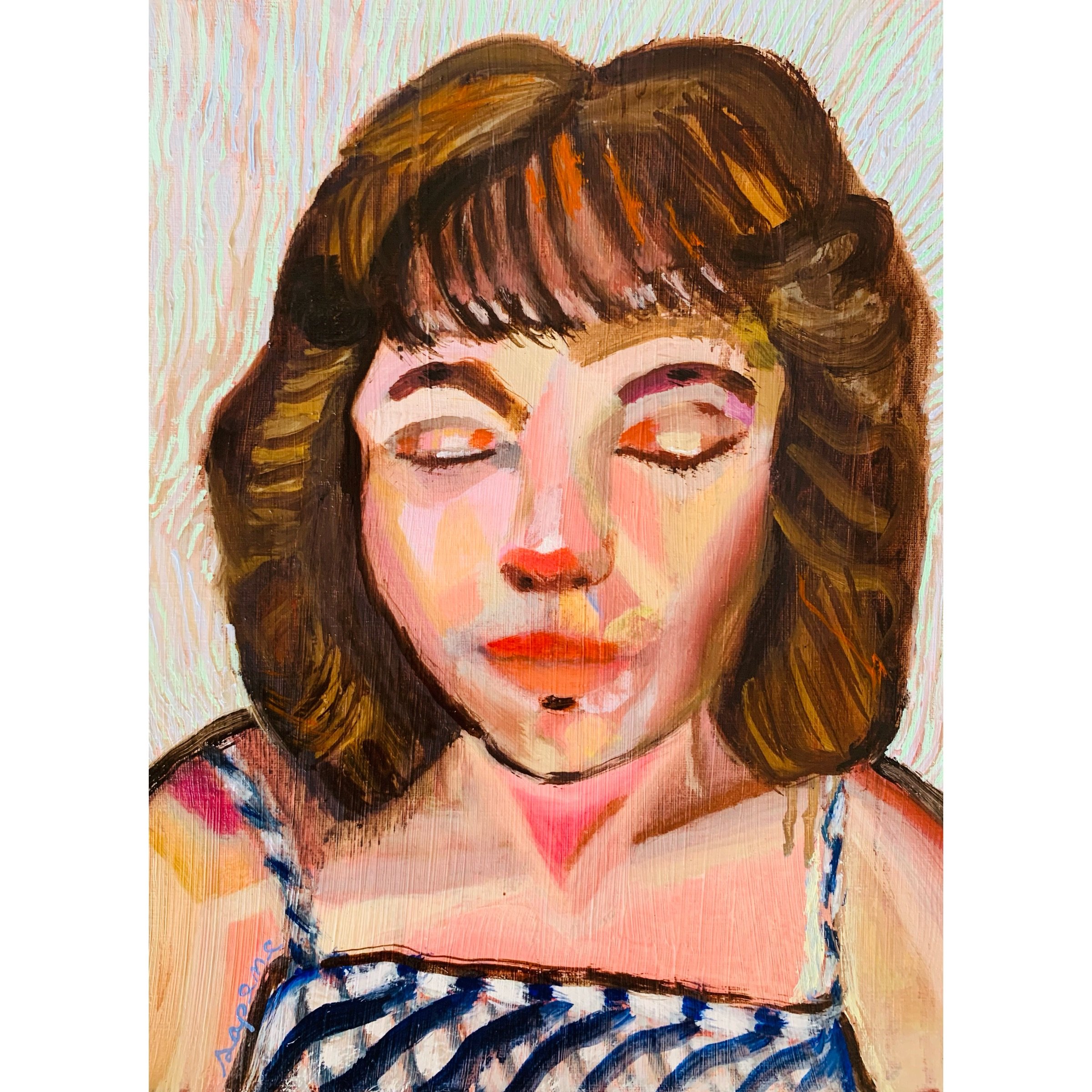  “Daydreaming”  Un momento de calma en el que la realidad se desvanece y los pensamientos fluyen libremente. Esta pieza forma parte de mi nueva serie, Fortunes, donde cada retrato es como cruzar un umbral hacia el autodescubrimiento. Aquí, la línea e