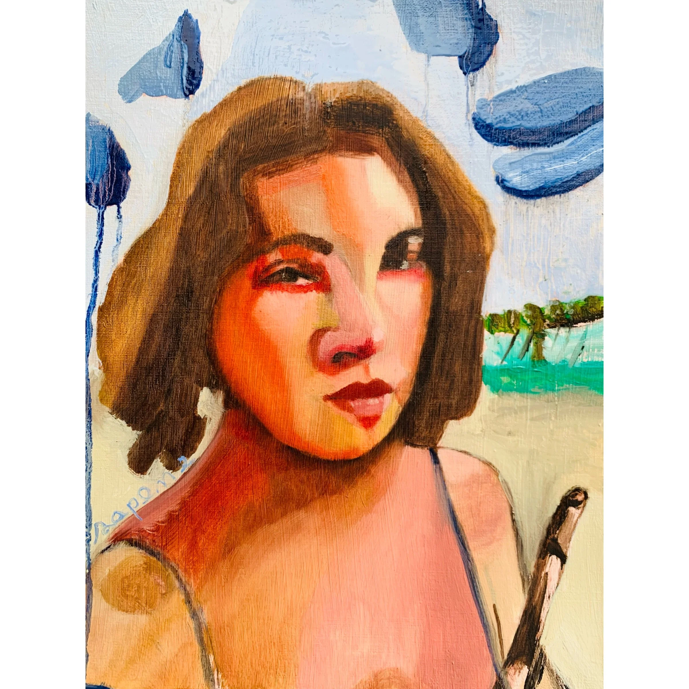  “Brisa Interior”  En este autorretrato, parte de la serie Fortunes, exploro el equilibrio entre lo suave y lo geométrico como una forma de entender mi propio lenguaje pictórico. La interacción entre las curvas orgánicas y los planos marcados en el r