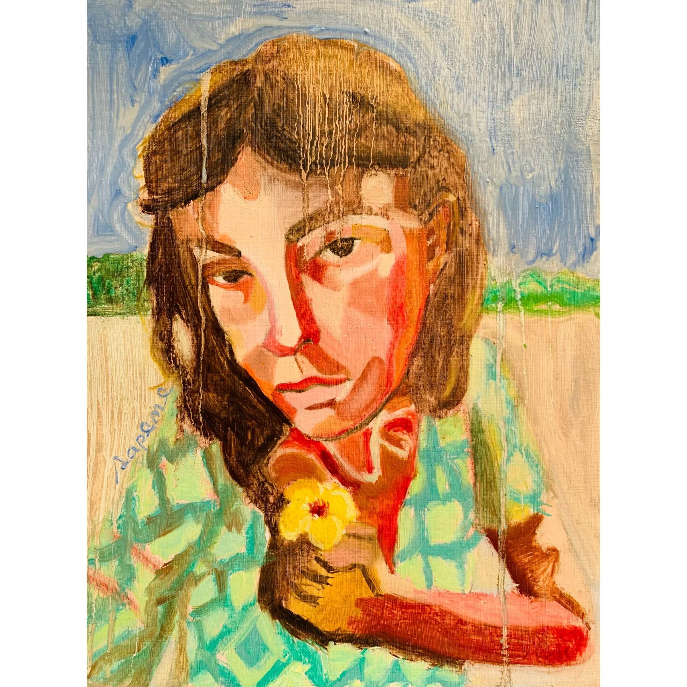  Lluvia Interior forma parte de mi serie Fortunes. Este autorretrato conecta el entorno con mi paisaje emocional. Cada cuadro de esta serie es un portal, un paso más en el camino hacia mi voz artística. Los chorreados de aceite evocan la humedad y la