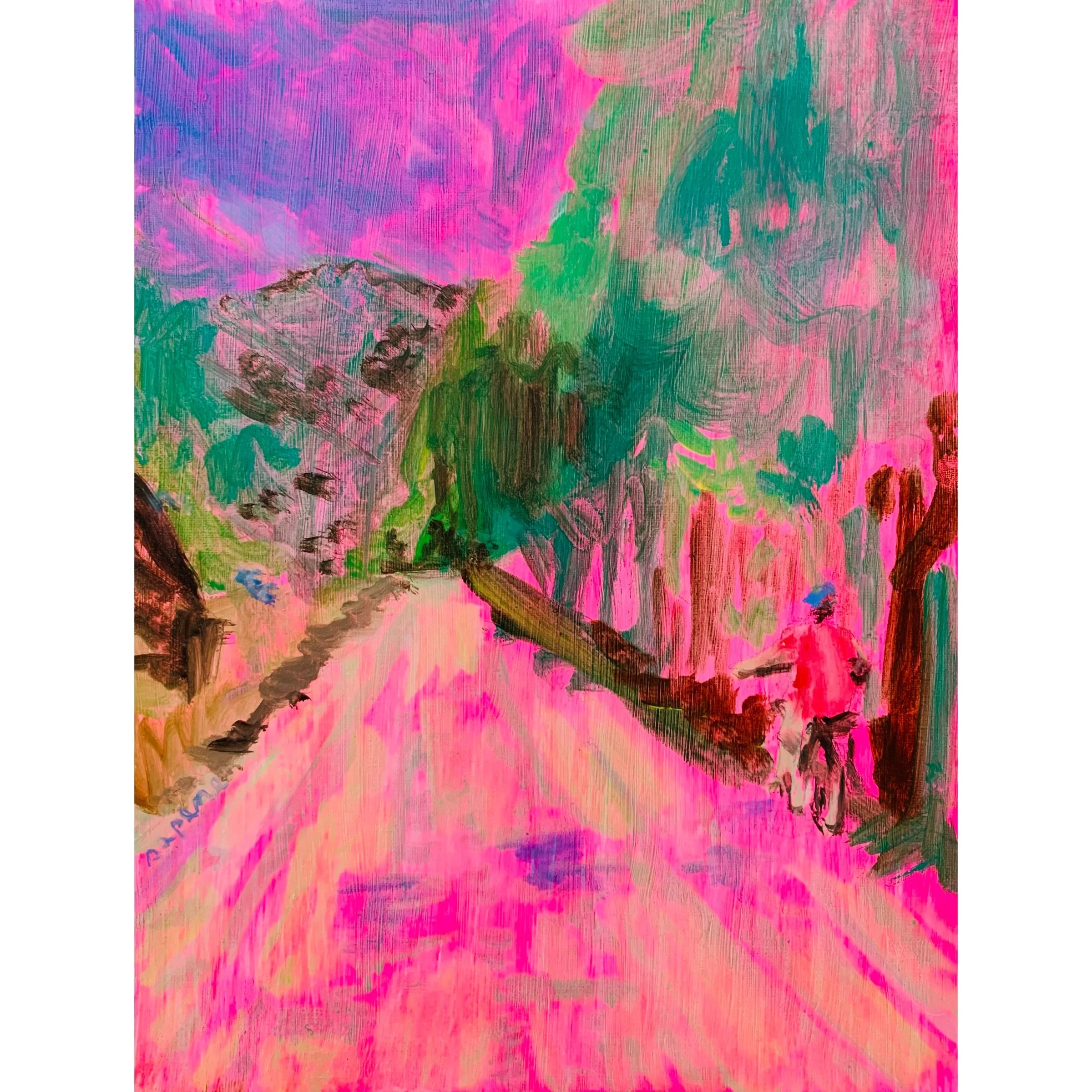  Paisaje Interior: Caminos de Luz  En este cuadro, exploro cómo el color tiene el poder de transformar un camino cotidiano en una experiencia profundamente emocional. Los tonos vibrantes y contrastantes reflejan una conexión entre el mundo externo y 