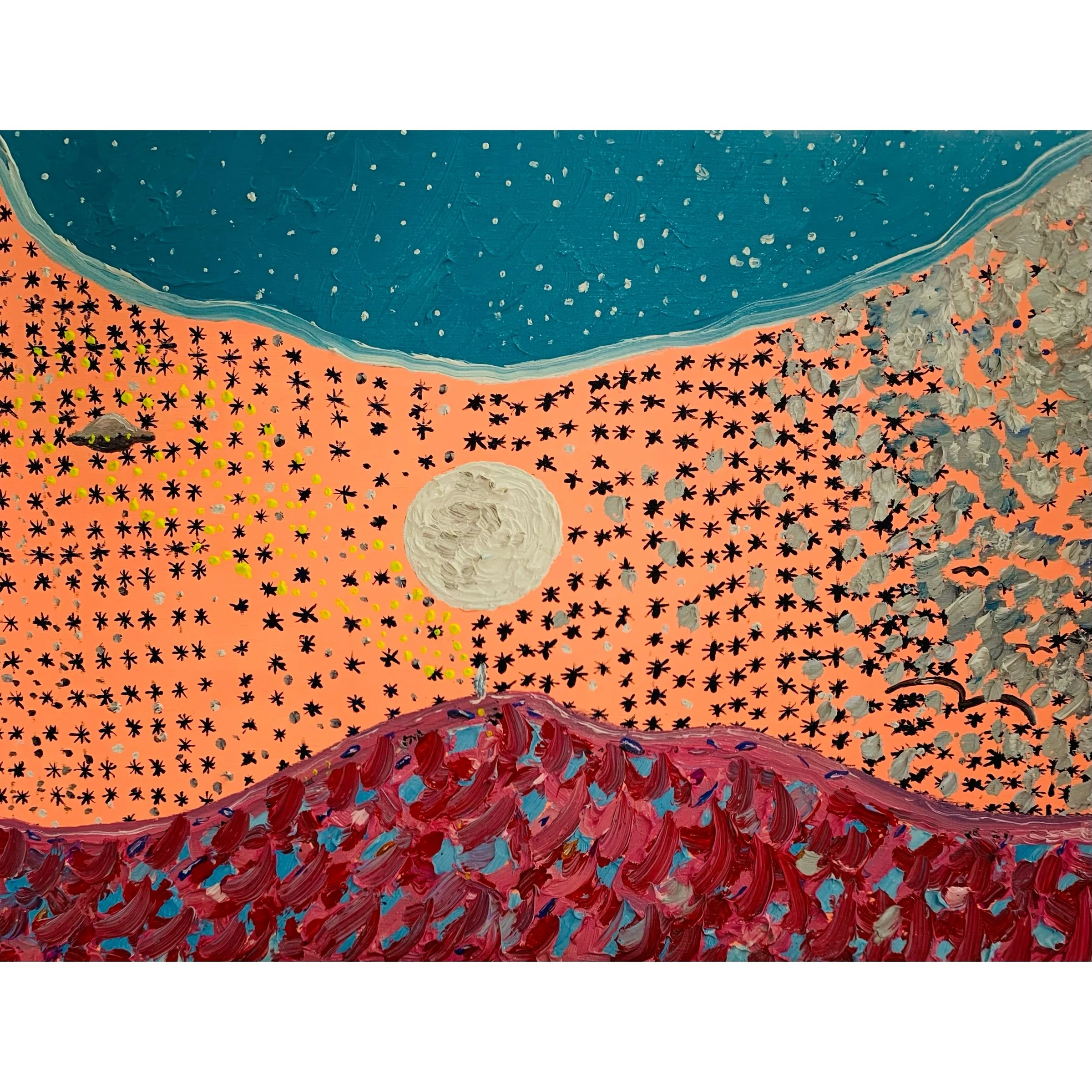  “The Stranded Whales” 2025  The tide left, but they stayed. The moon watches quietly. Stars flicker, the sand is still. The waves keep calling, but no one answers.  Oil on paper  9 x 12 in 22.9 x 30.5 cm 