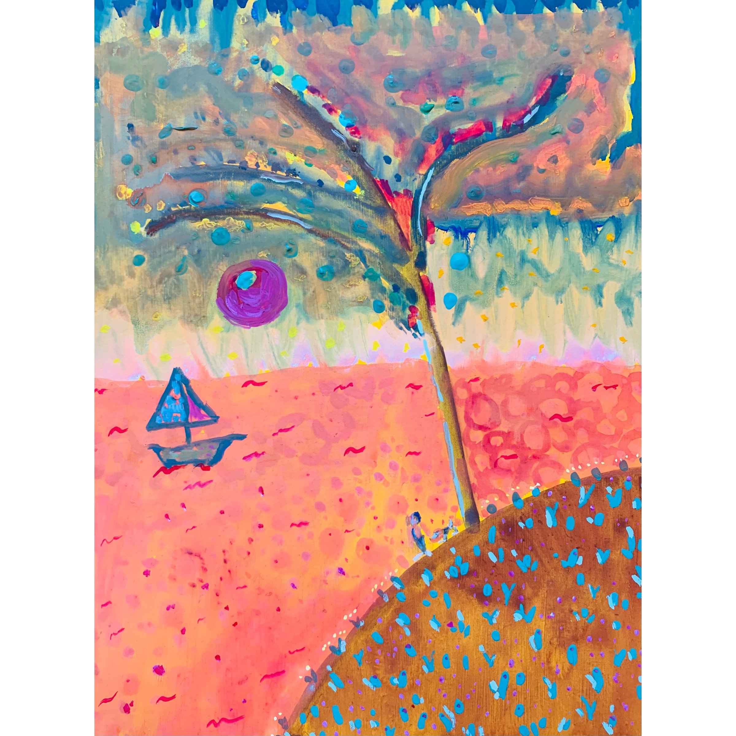 Kavanayén, fisherman under the moon. 2025 Gouache on paper 9 x 12 in 22.9 x 30.5 cm