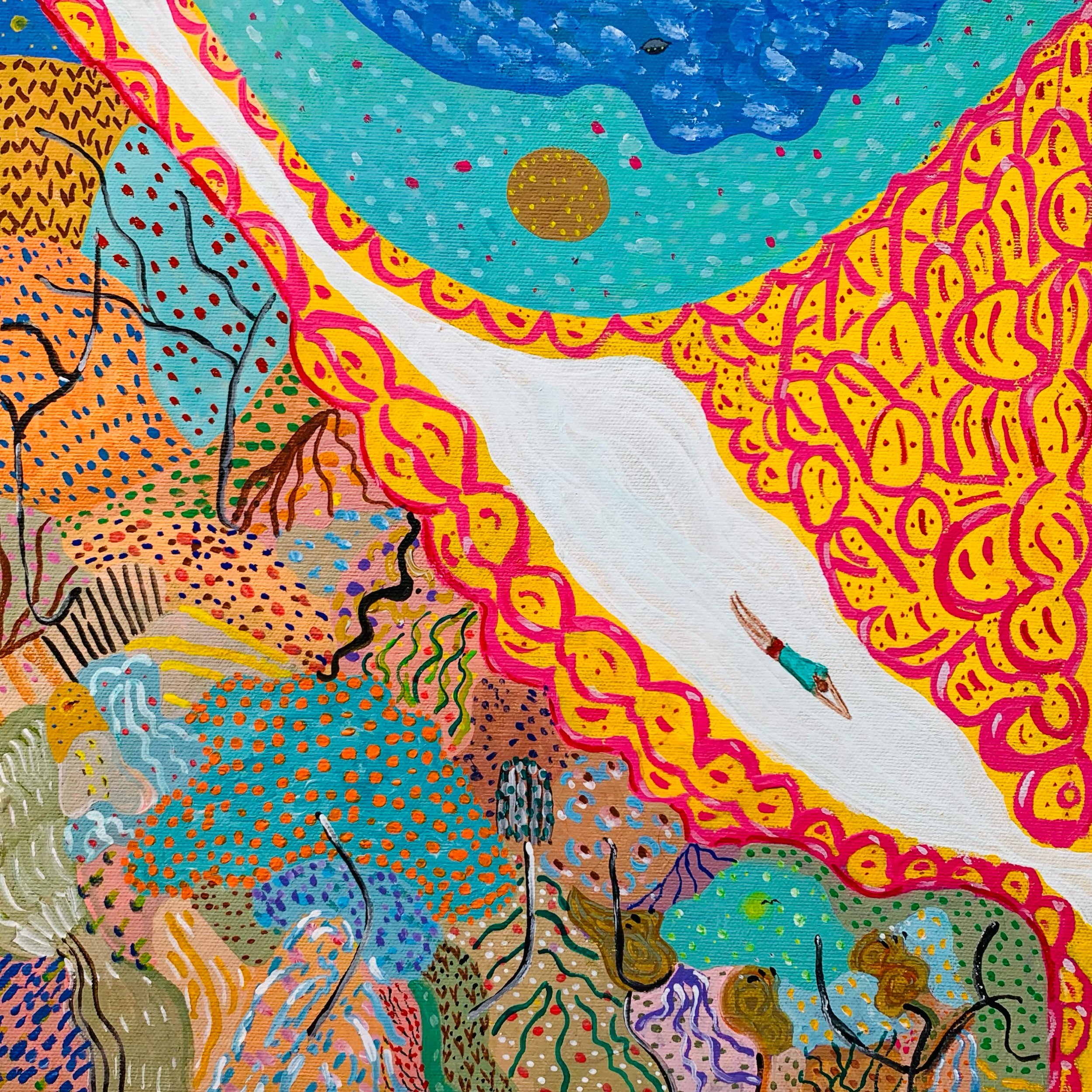 Kavanayén, swimming in the Orinoco river. 2025 Gouache on canvas 14 × 14 in 35 x 35 cm